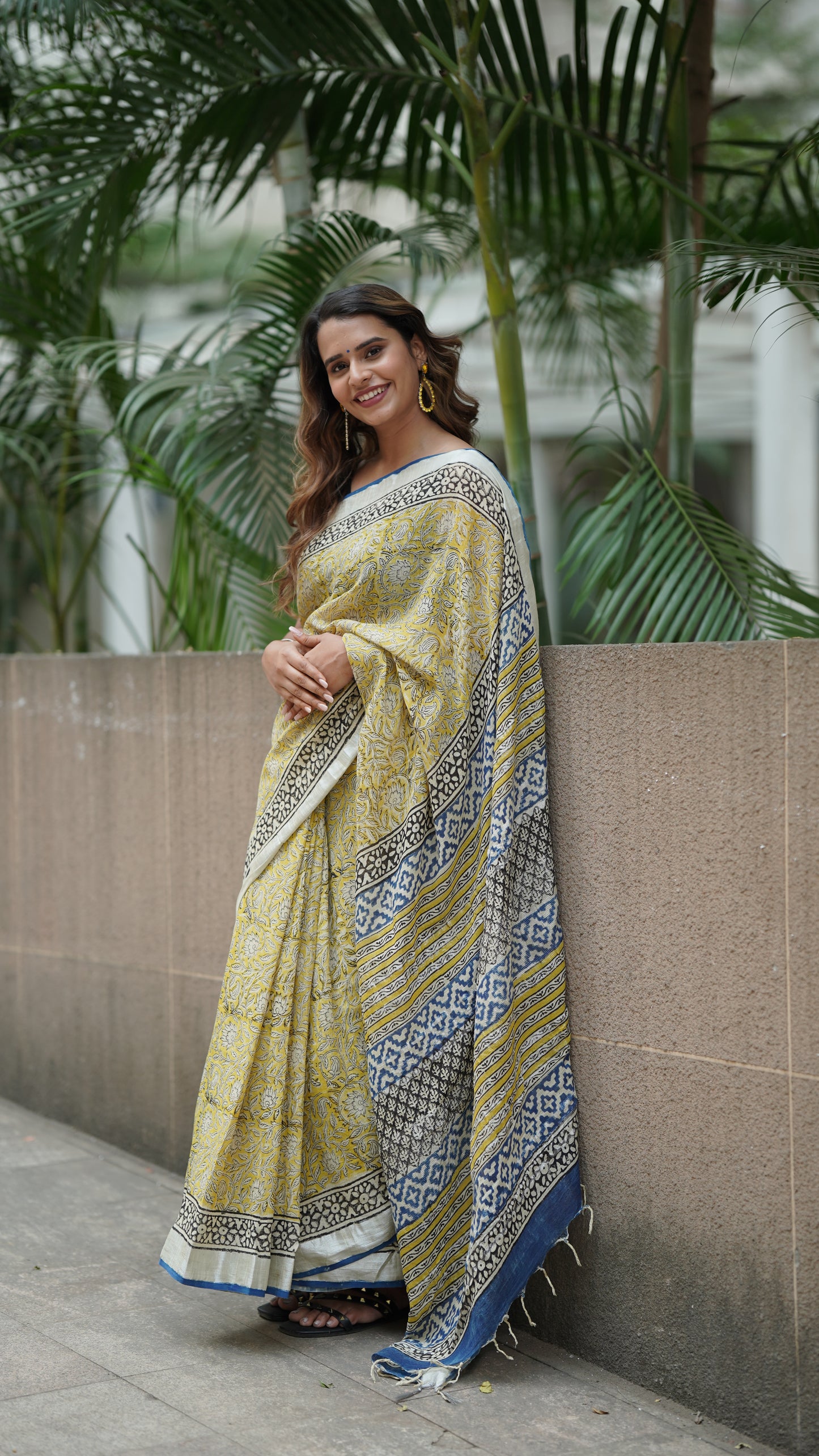 Pineapple Yellow Linen Handblock Print Saree