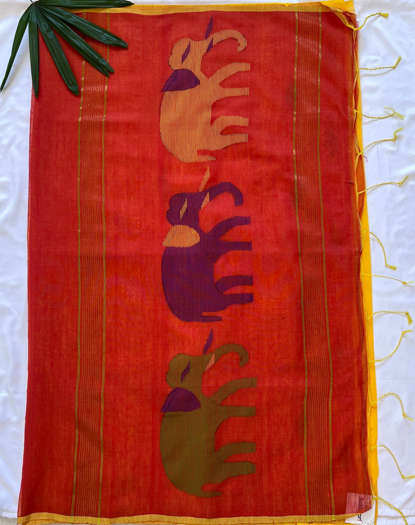 Red Orange and Mustard Yellow Cotton Silk Thread work Saree