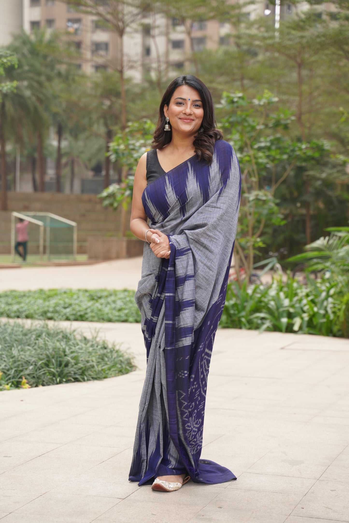 Grey and Navy Blue Sambalpuri Cotton Saree