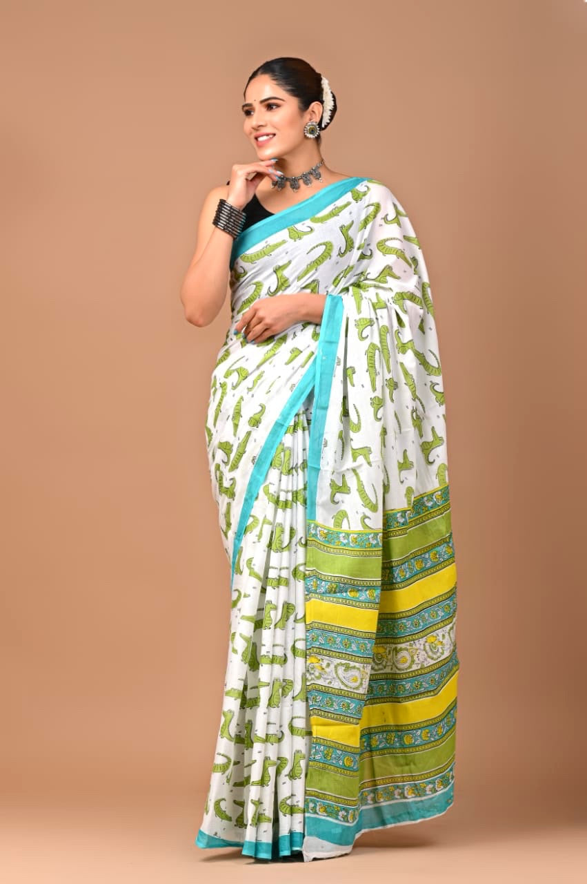 Cheeky Crocodile White & Green Cotton Saree