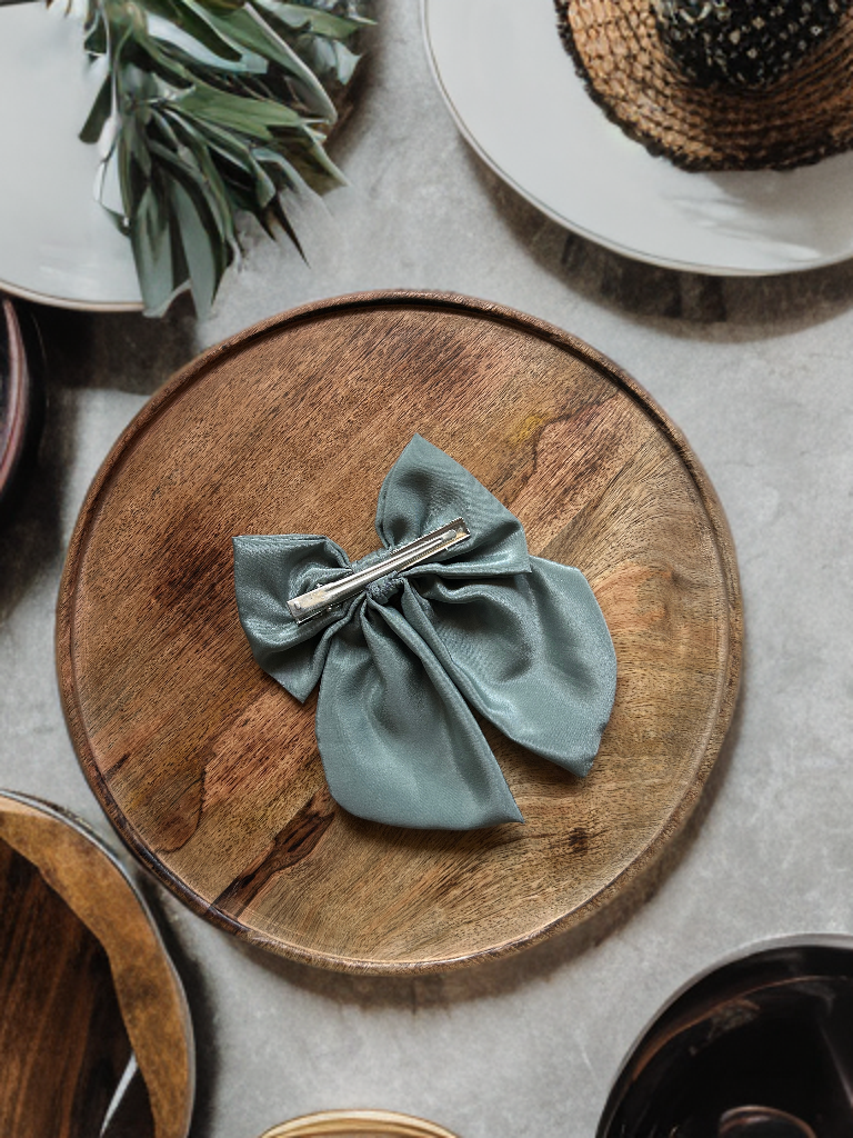 Sage Green Satin Hair Bow With Alligator Clip