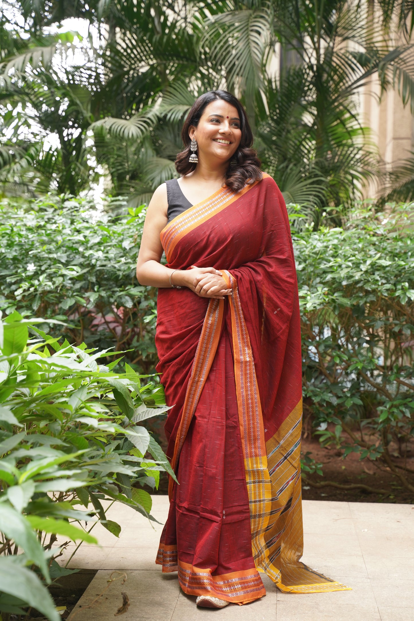 Maroon with Pumpkin Orange Border Sambalpuri Cotton Saree