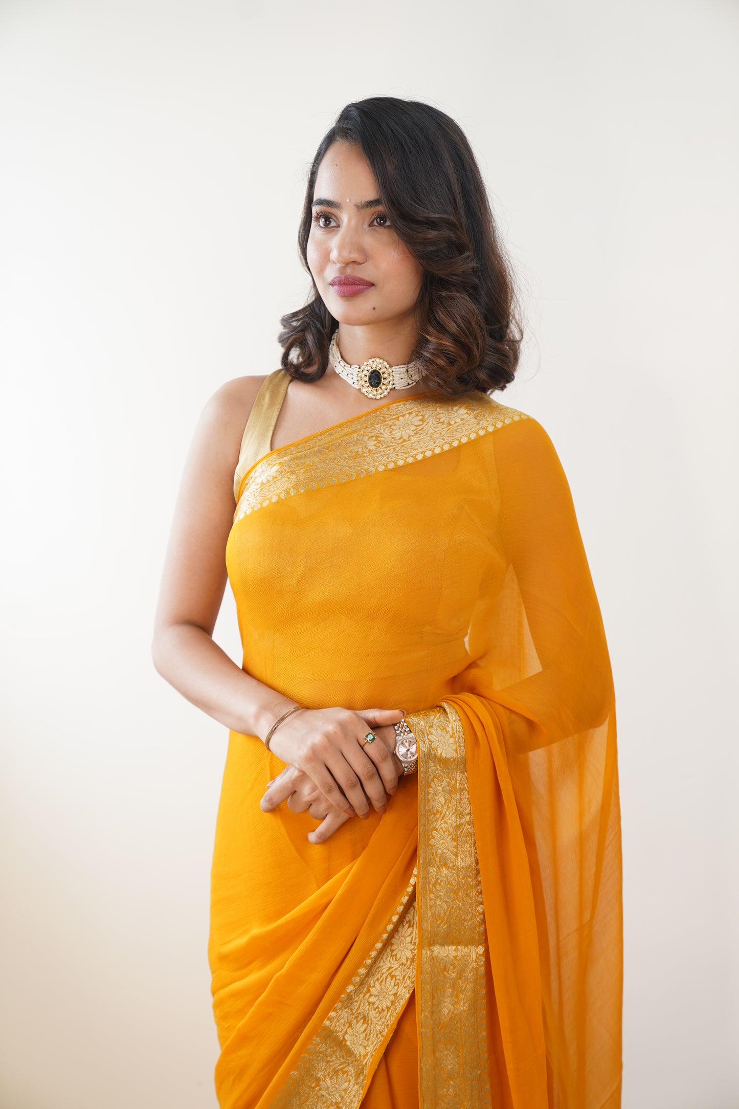 Mustard Yellow Pure Chiffon Saree with Zari Jacquard Border