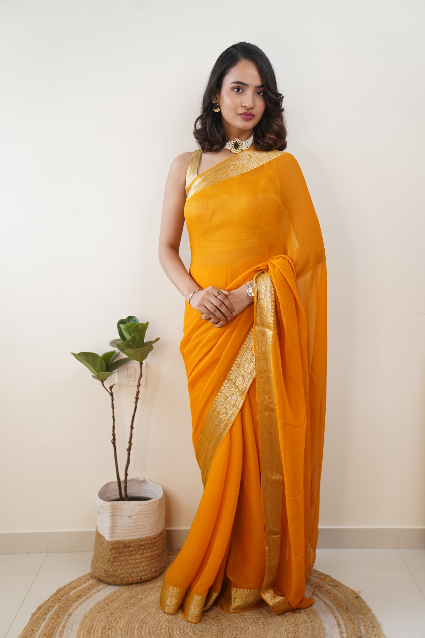 Mustard Yellow Pure Chiffon Saree with Zari Jacquard Border