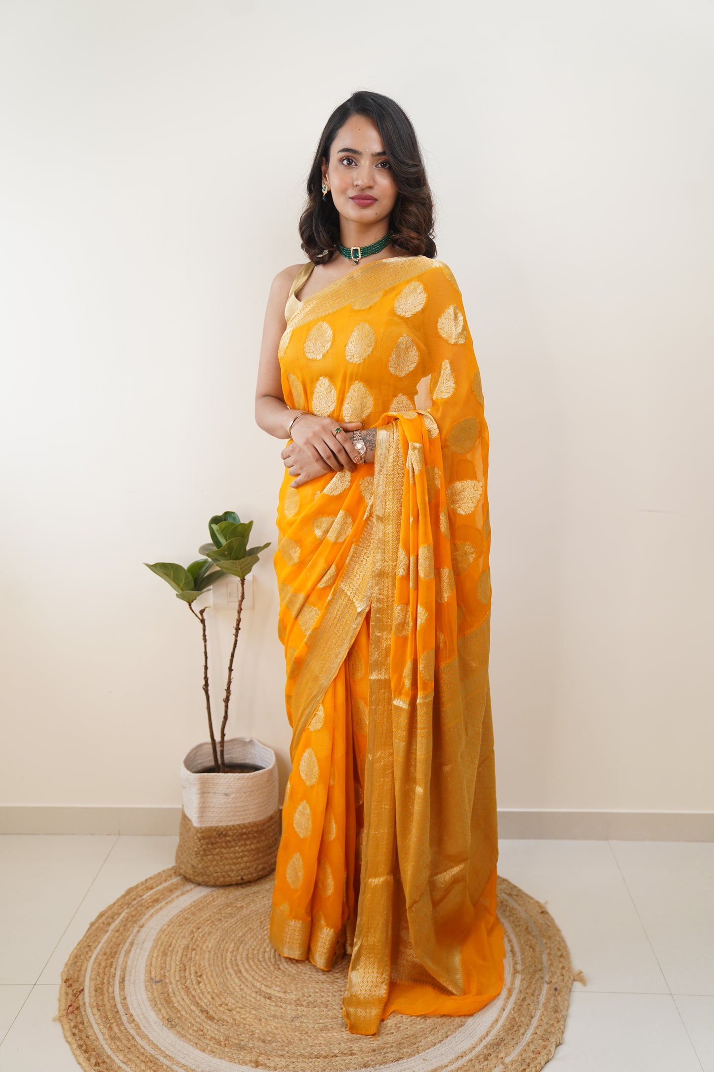 Bright Yellow Pure Chiffon Saree with Zari Buti