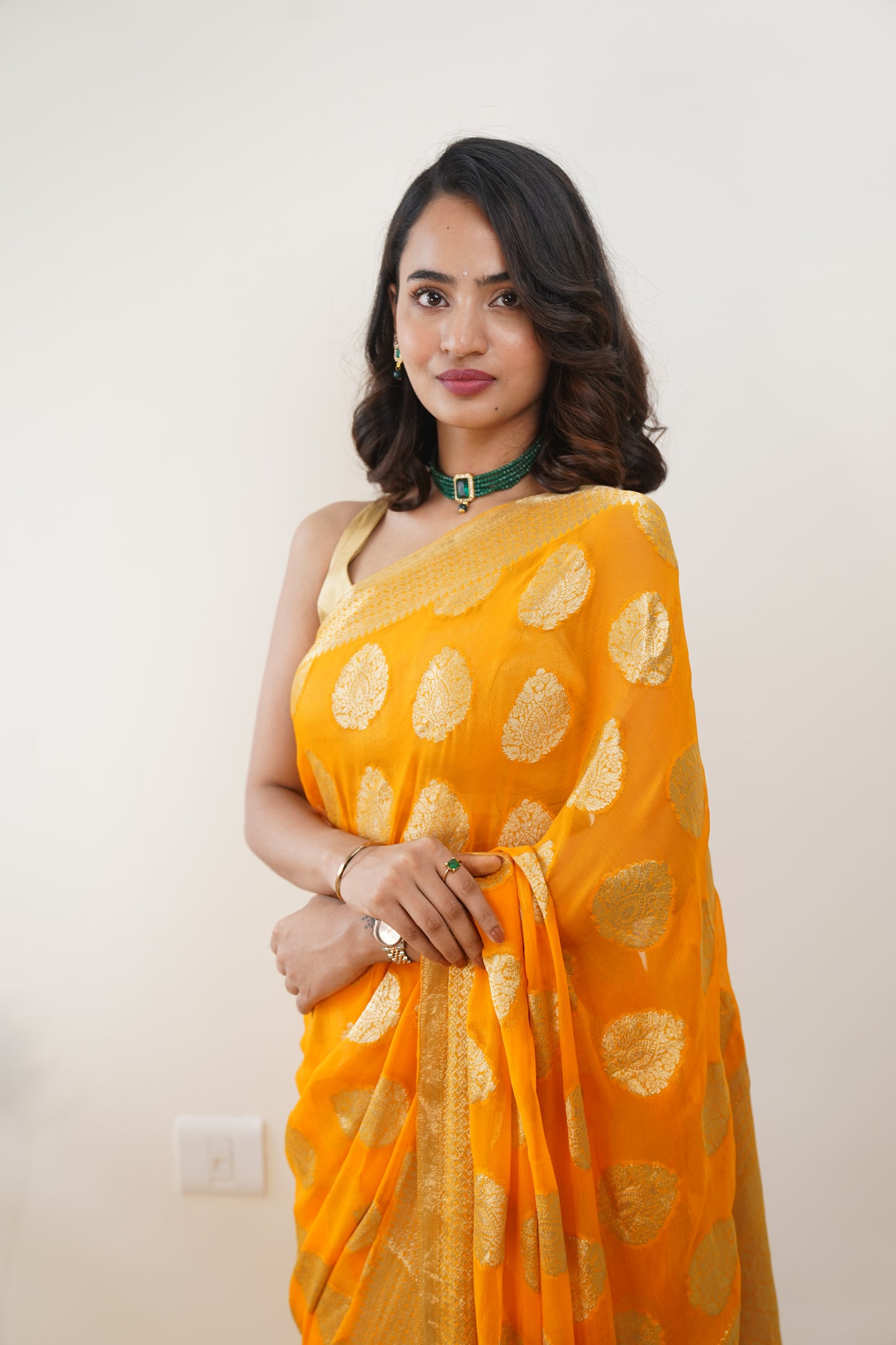 Bright Yellow Pure Chiffon Saree with Zari Buti