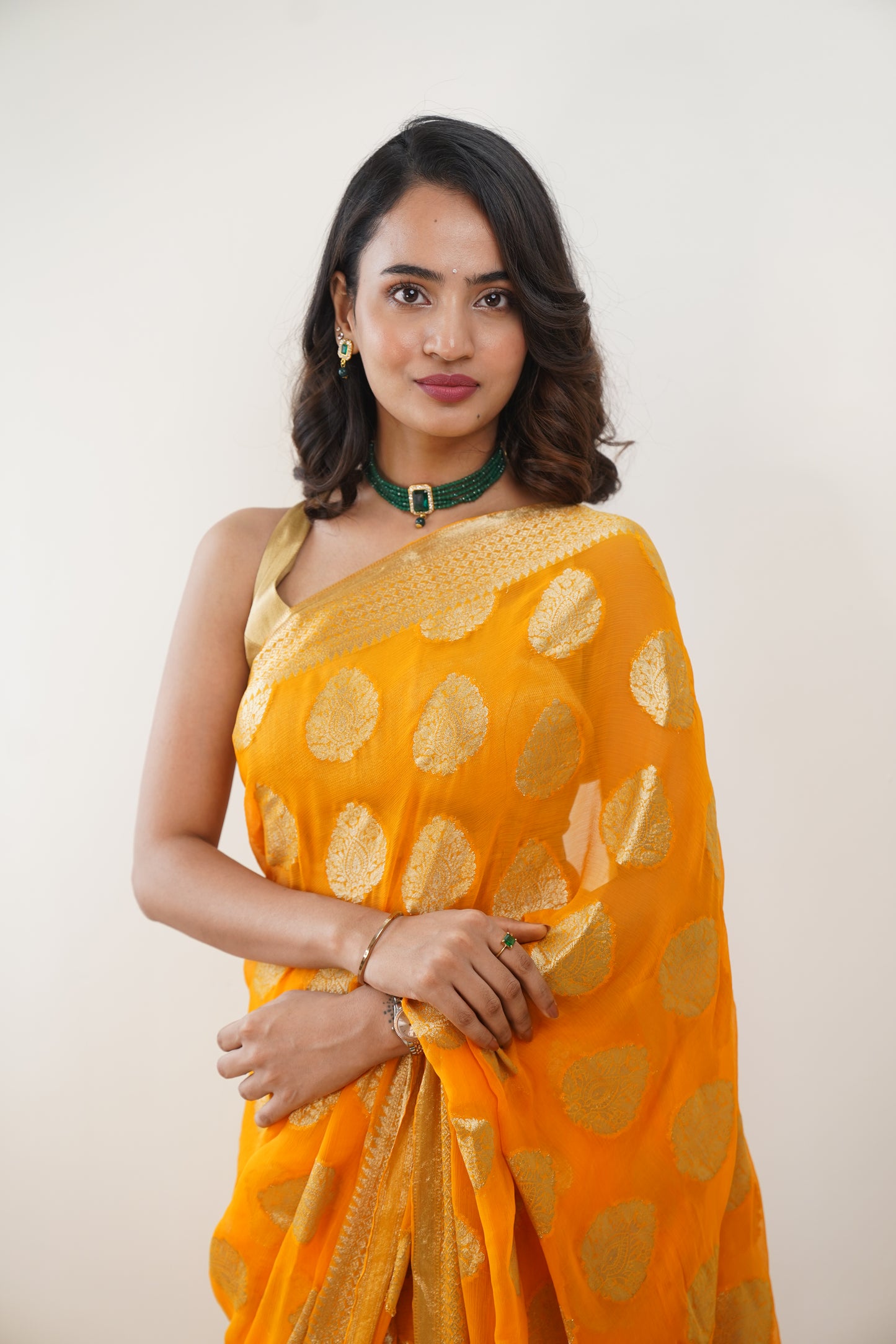 Bright Yellow Pure Chiffon Saree with Zari Buti