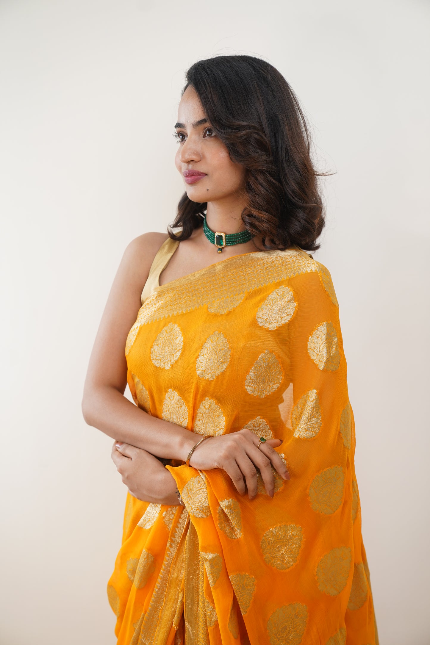 Bright Yellow Pure Chiffon Saree with Zari Buti