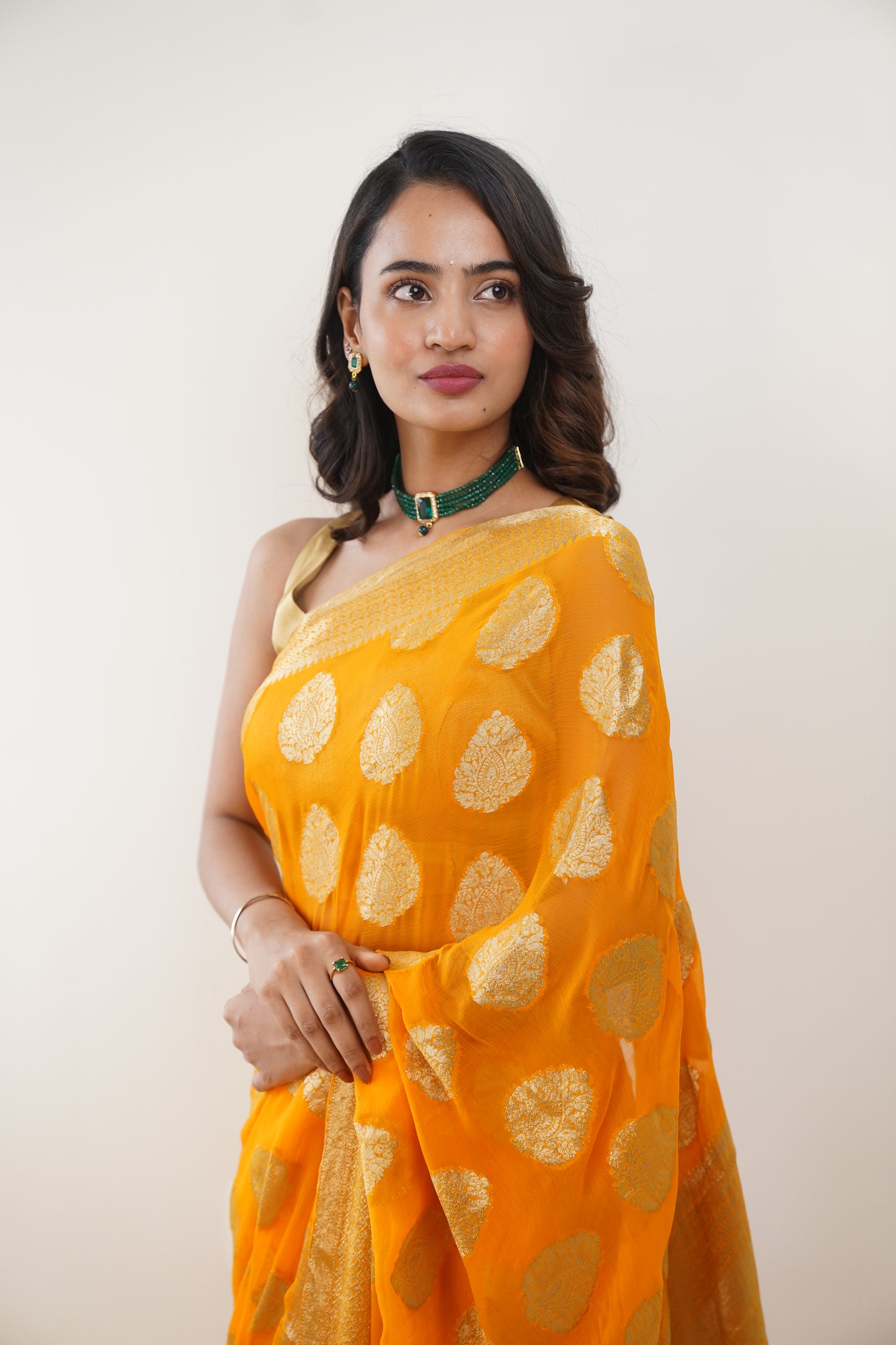 Bright Yellow Pure Chiffon Saree with Zari Buti