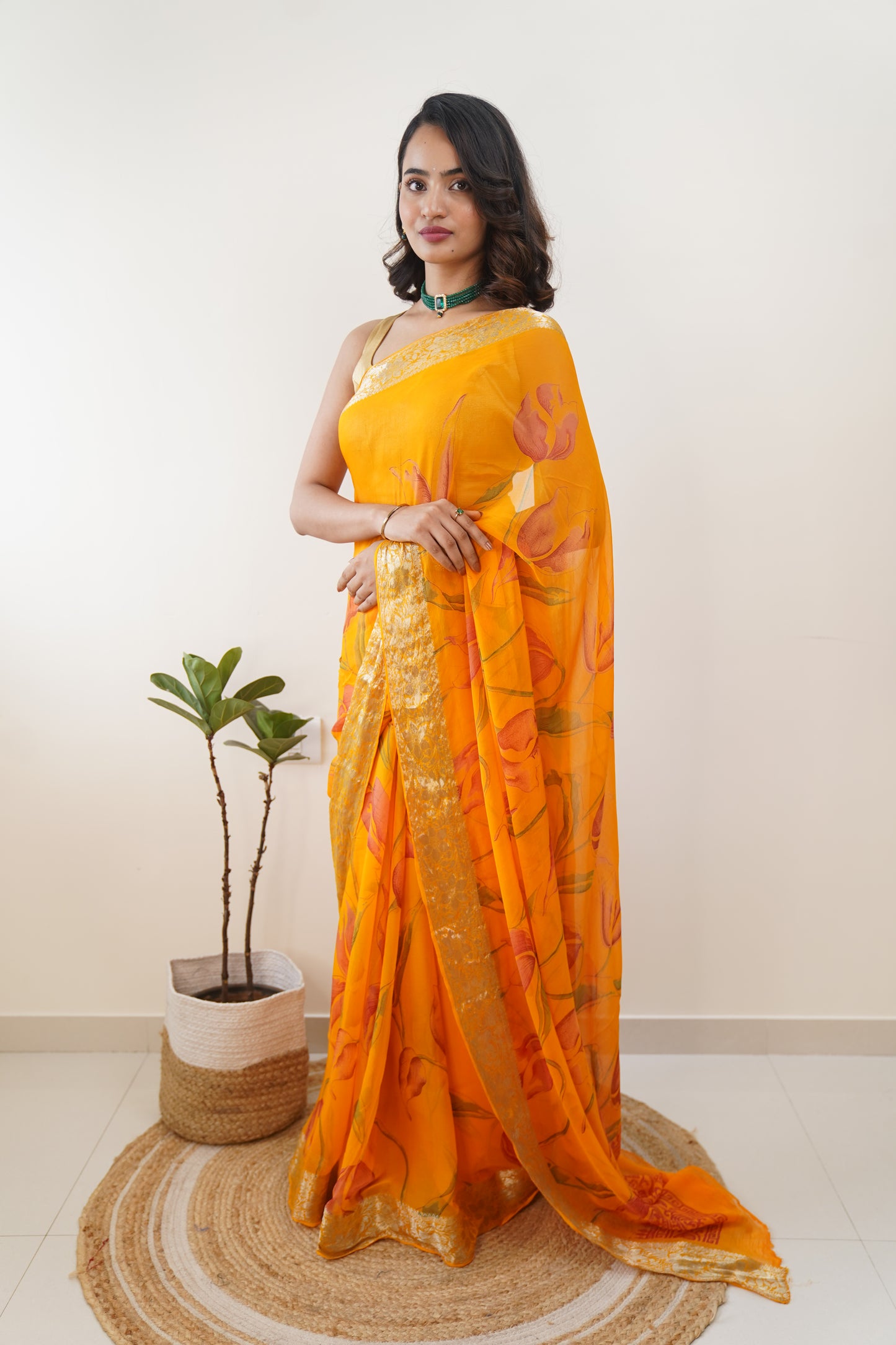 Sunflower Yellow Floral Print With Zari Border Pure Chiffon Saree