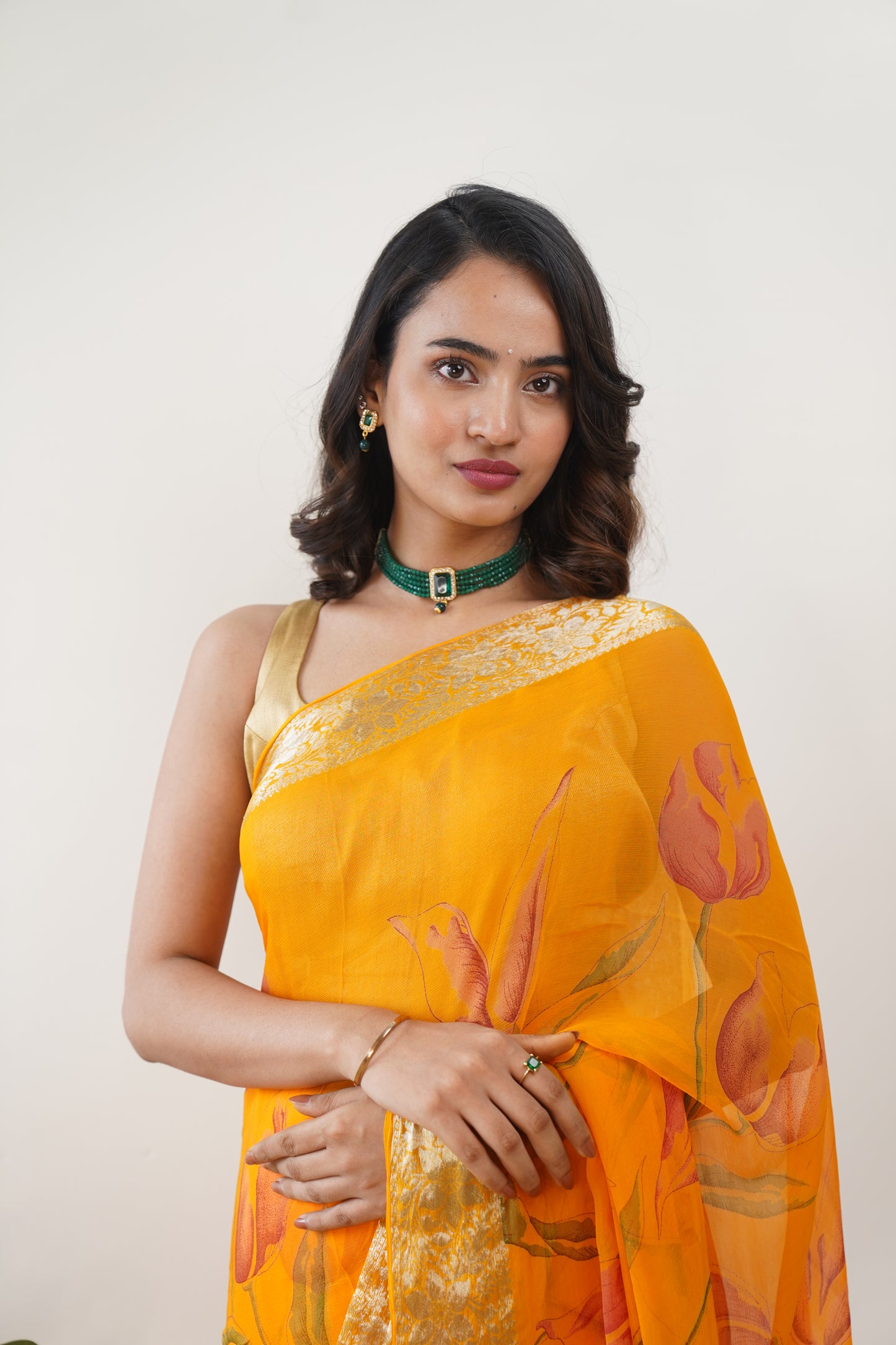 Sunflower Yellow Floral Print With Zari Border Pure Chiffon Saree