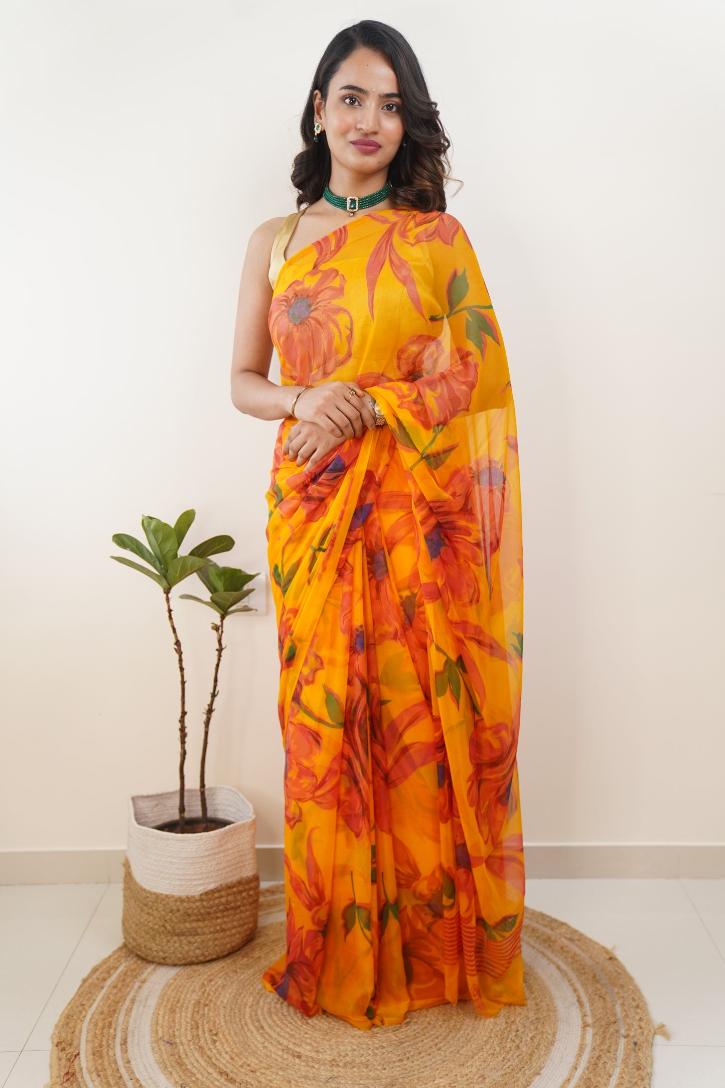 Marigold Yellow Pure Chiffon Printed Saree