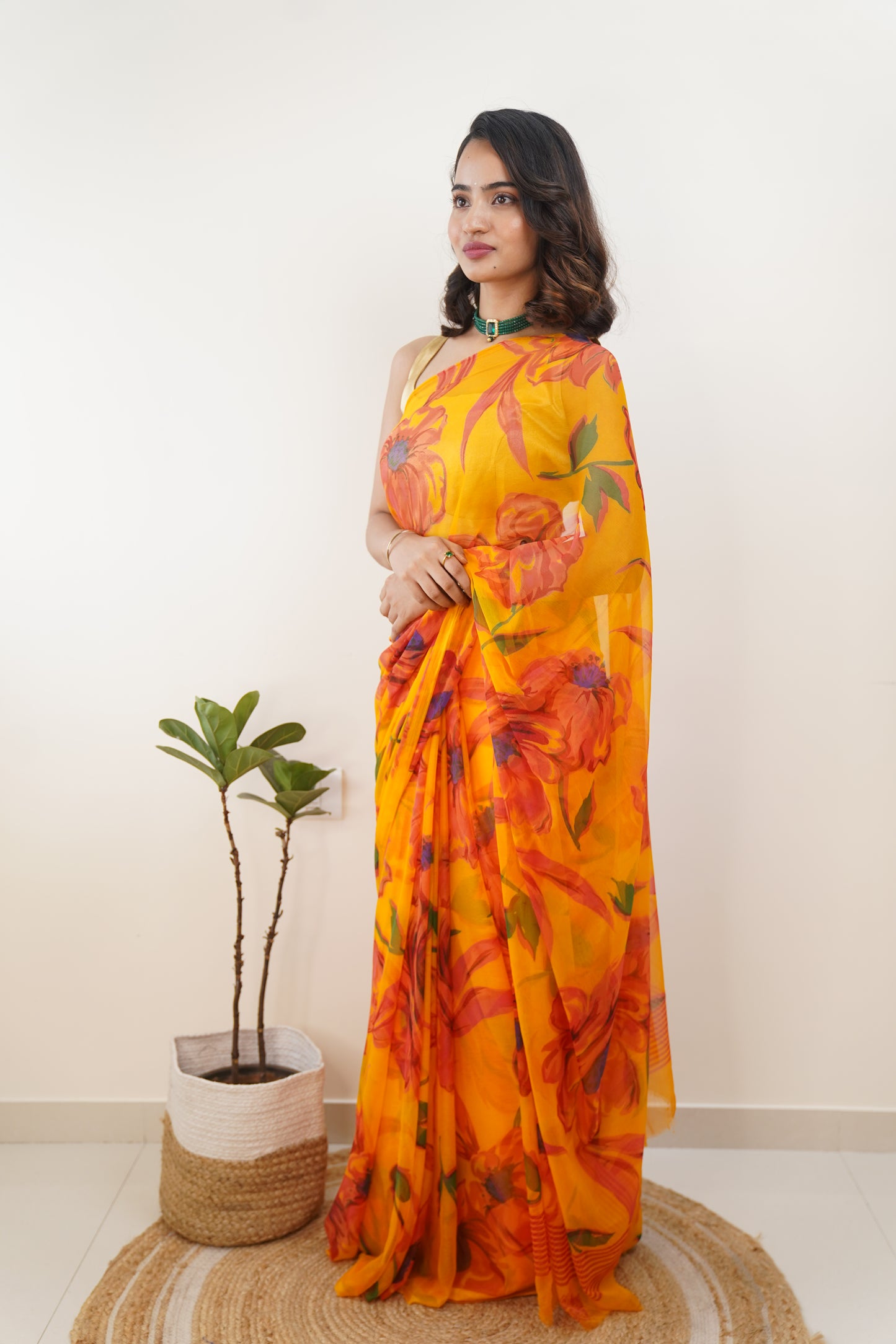 Marigold Yellow Pure Chiffon Printed Saree