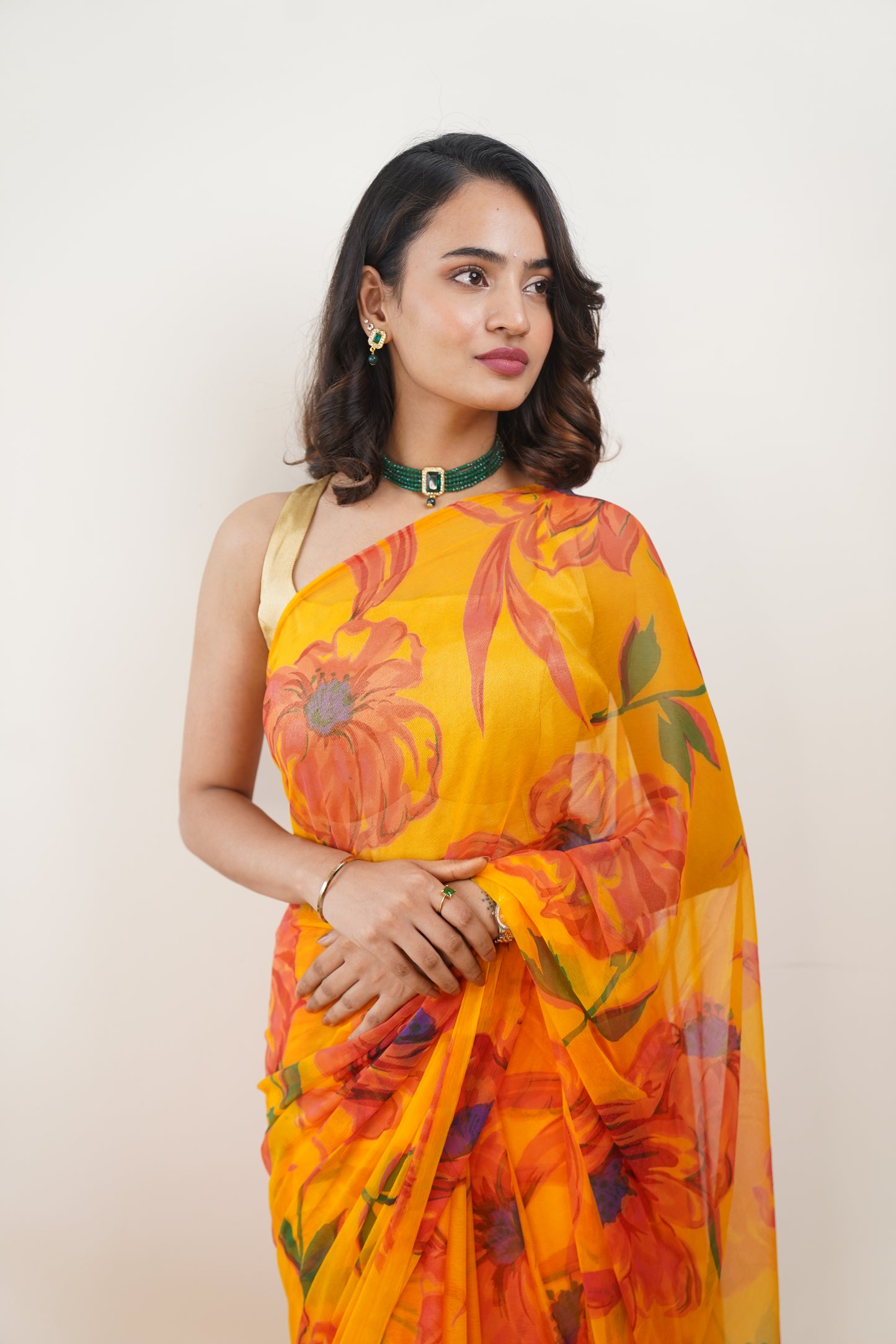 Marigold Yellow Pure Chiffon Printed Saree