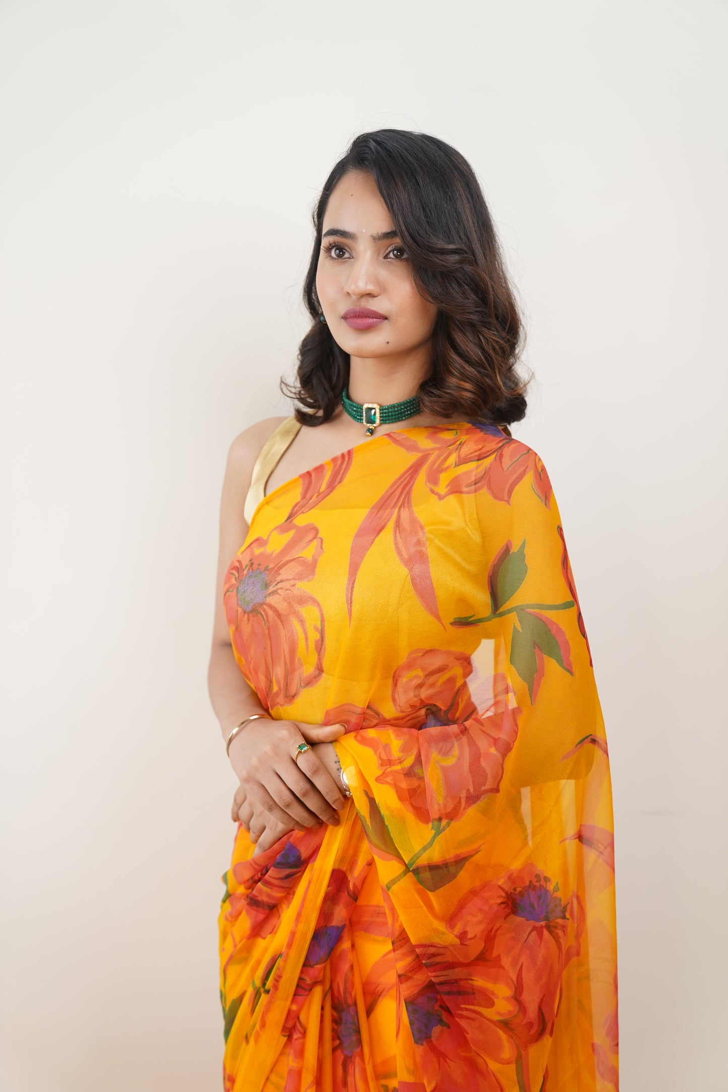 Marigold Yellow Pure Chiffon Printed Saree