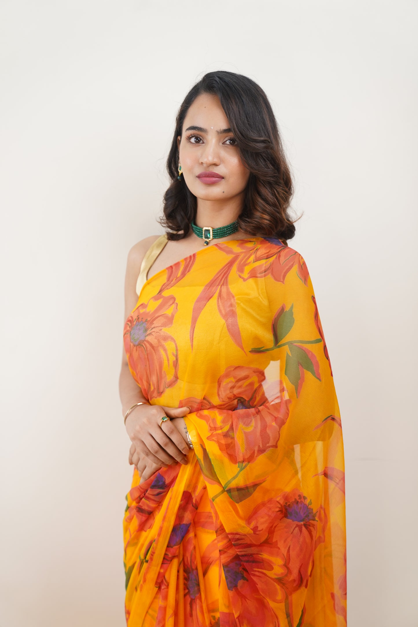 Marigold Yellow Pure Chiffon Printed Saree