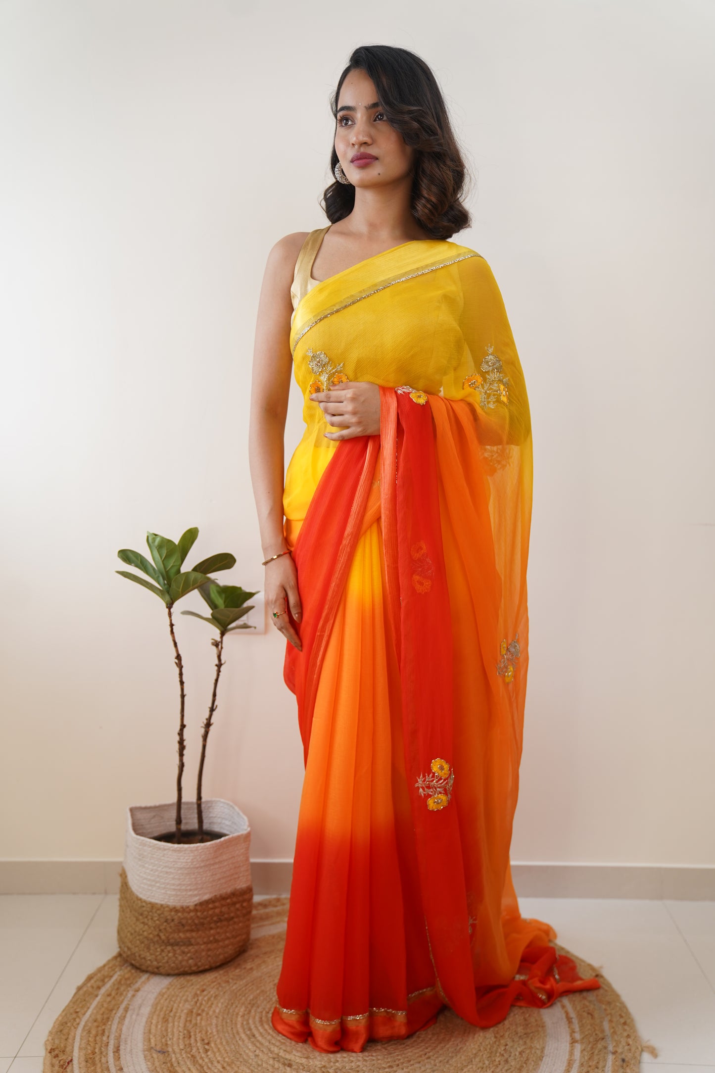 Amber Yellow & Vermillion Orange Ombre  Pure Chiffon Embroidered Saree