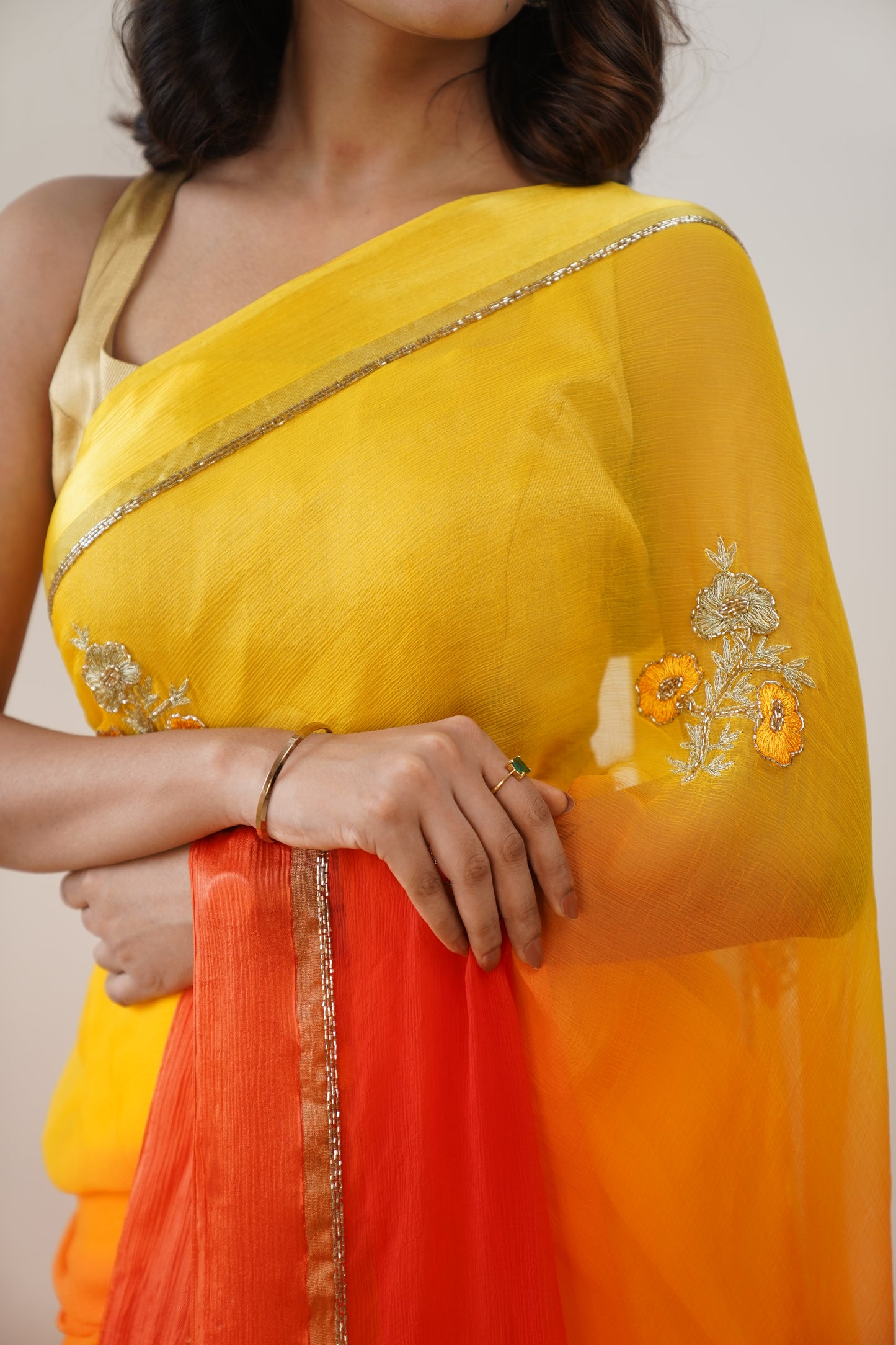 Amber Yellow & Vermillion Orange Ombre  Pure Chiffon Embroidered Saree