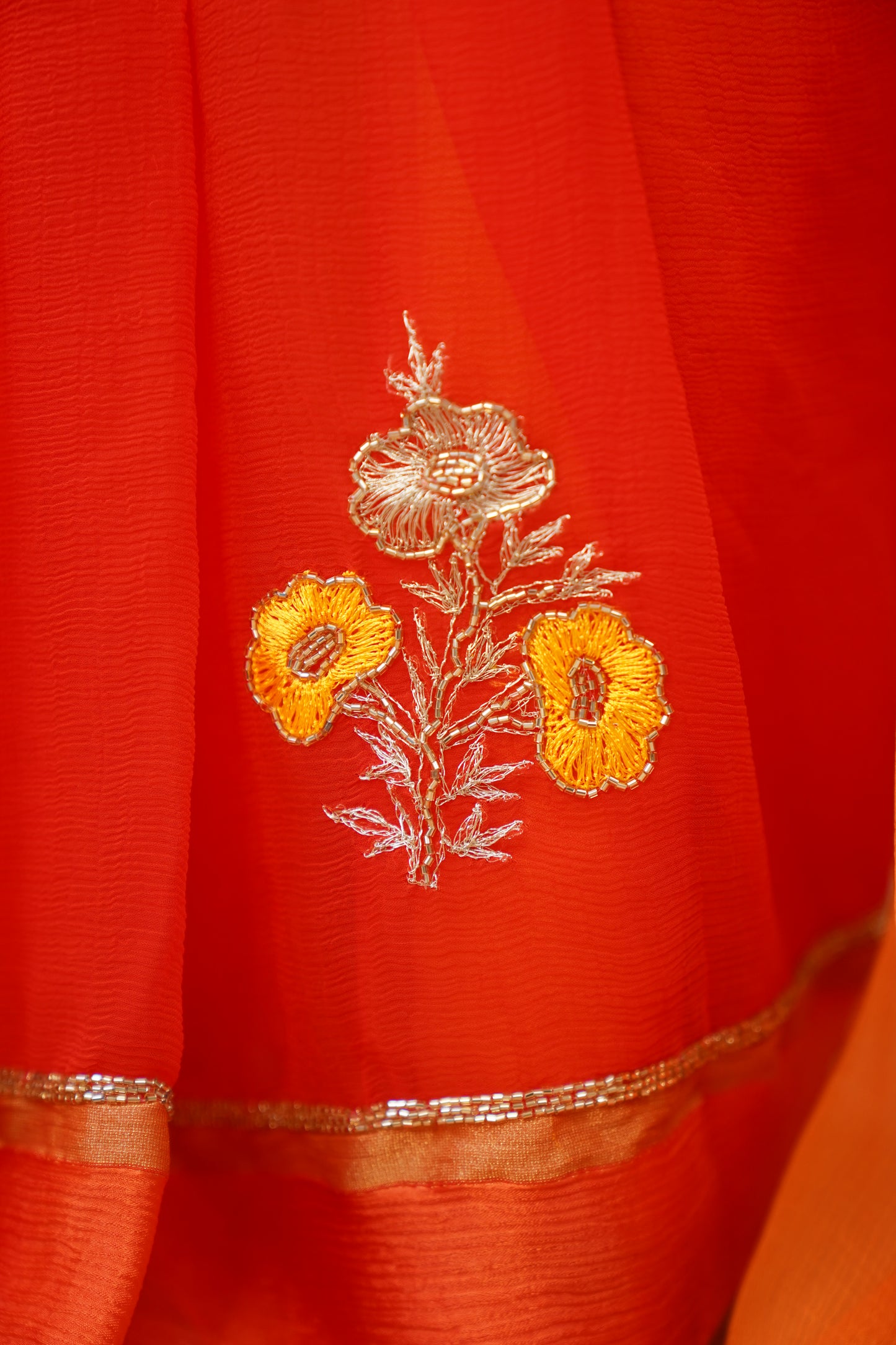 Amber Yellow & Vermillion Orange Ombre  Pure Chiffon Embroidered Saree