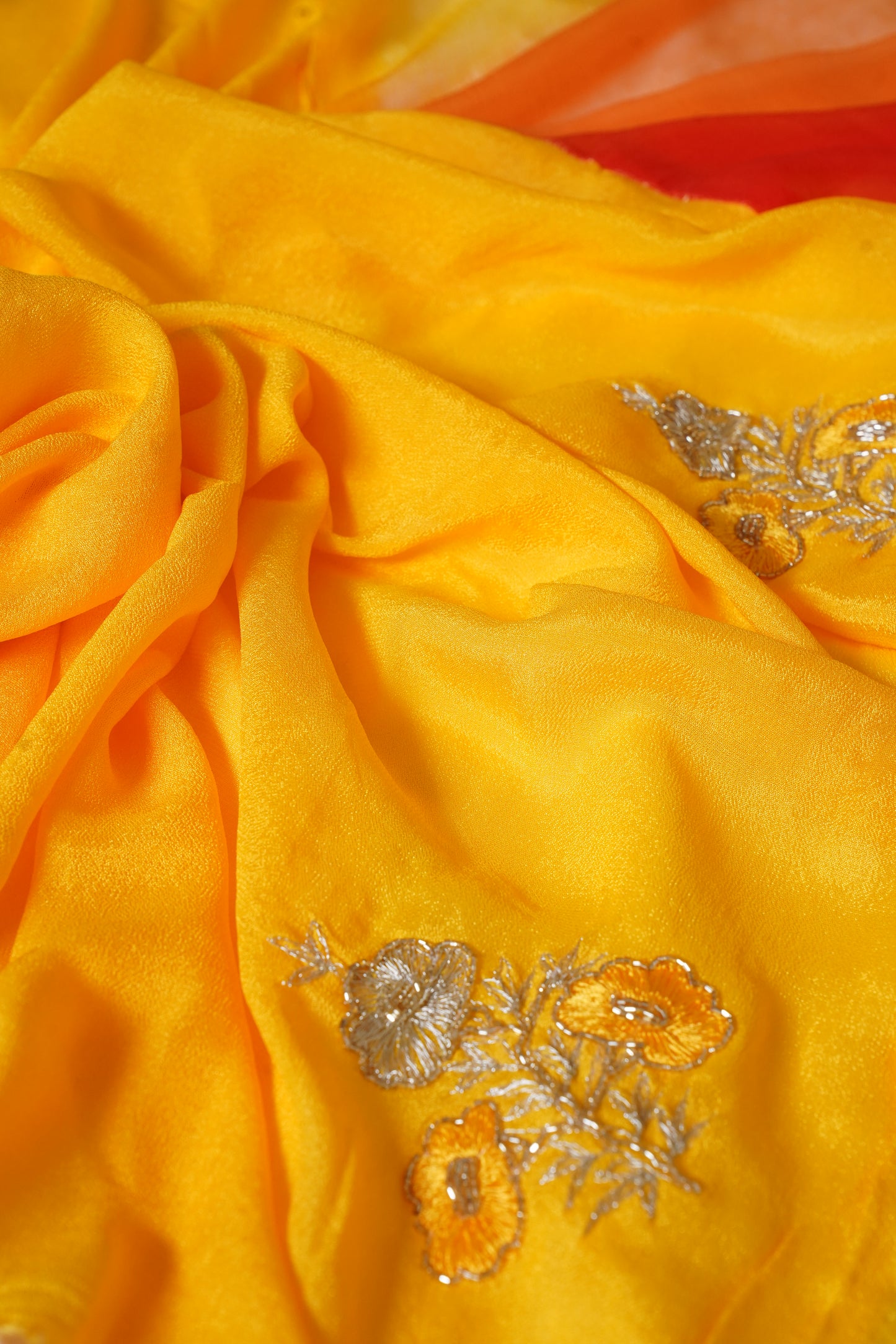 Amber Yellow & Vermillion Orange Ombre  Pure Chiffon Embroidered Saree