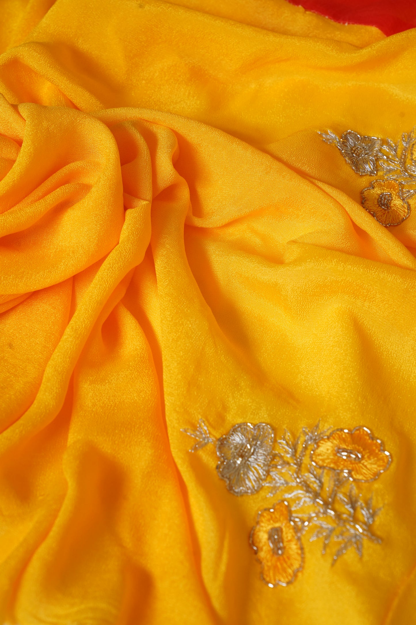 Amber Yellow & Vermillion Orange Ombre  Pure Chiffon Embroidered Saree