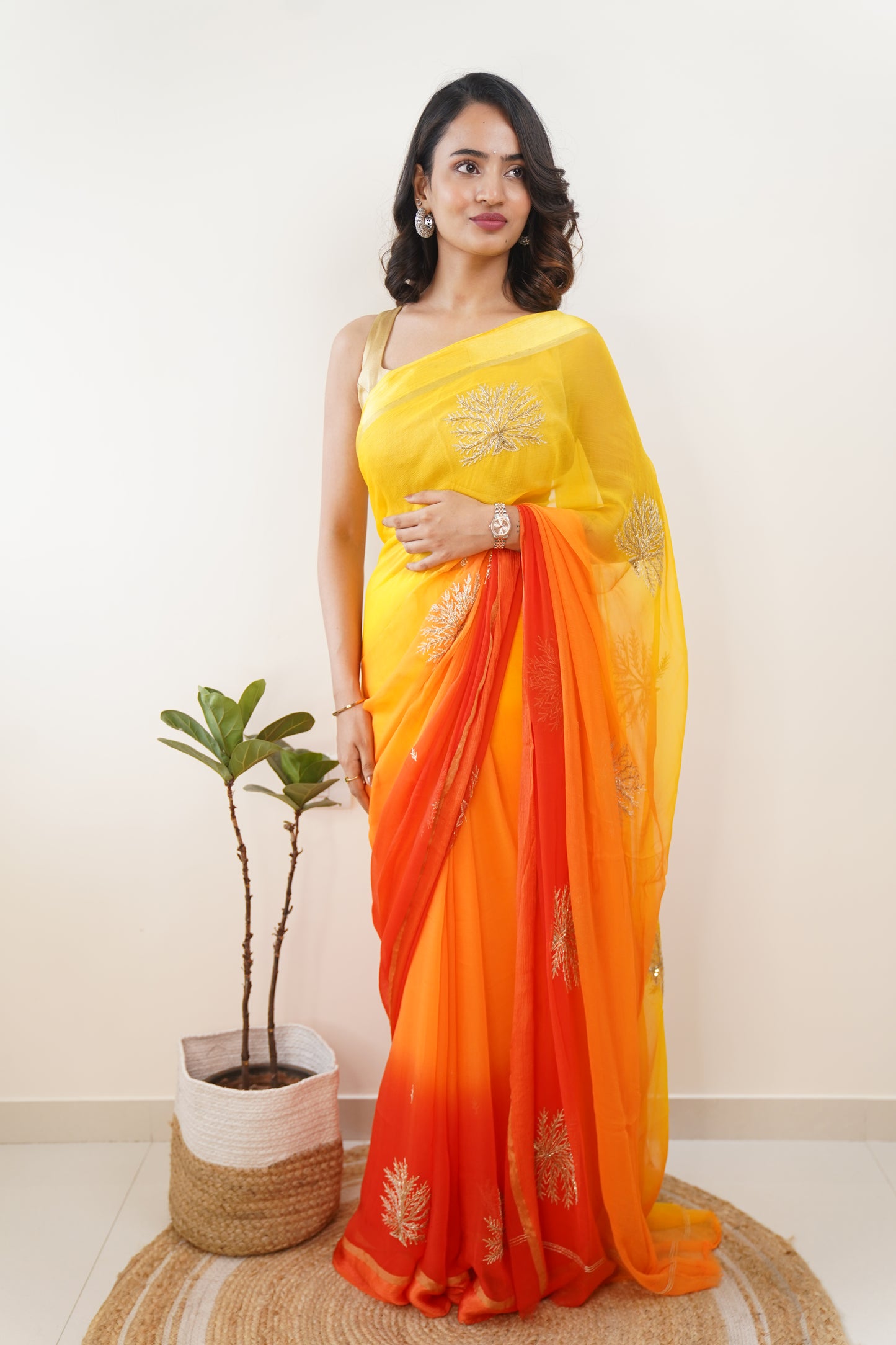 Amber Yellow & Vermillion Orange Ombre  Pure Chiffon Embroidered Saree