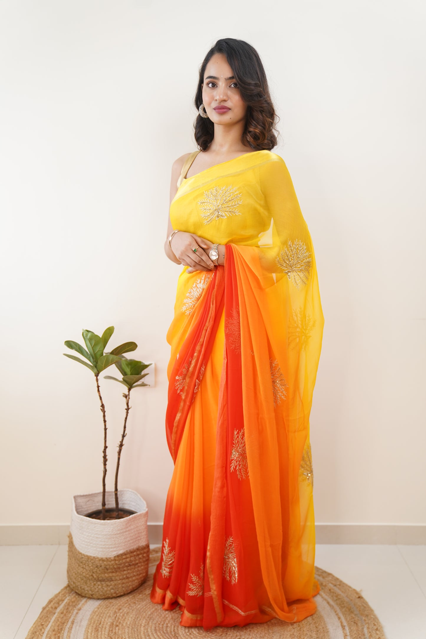 Amber Yellow & Vermillion Orange Ombre  Pure Chiffon Embroidered Saree