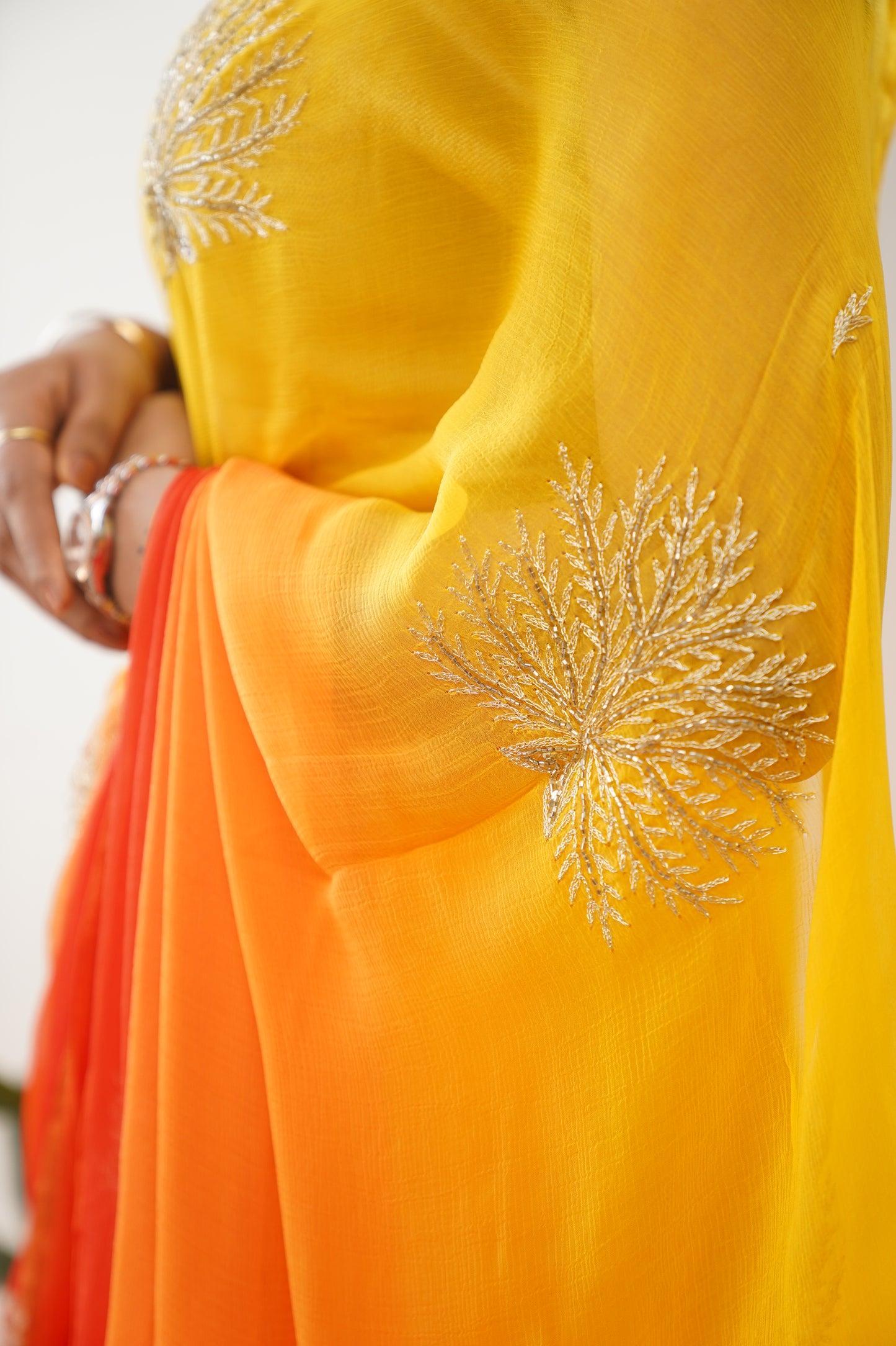 Amber Yellow & Vermillion Orange Ombre  Pure Chiffon Embroidered Saree