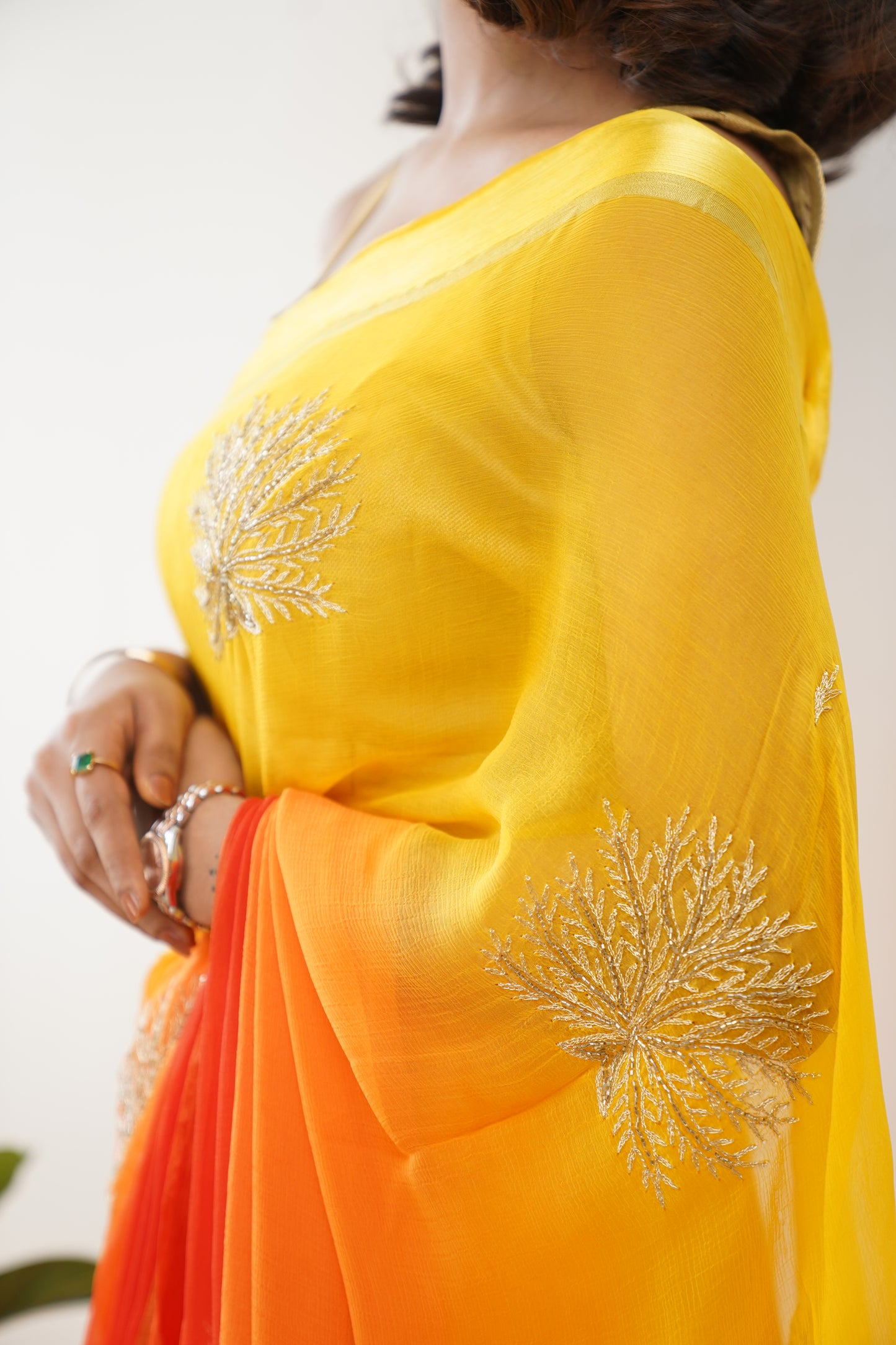 Amber Yellow & Vermillion Orange Ombre  Pure Chiffon Embroidered Saree