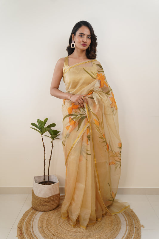 Beige Organza Hand painted Saree