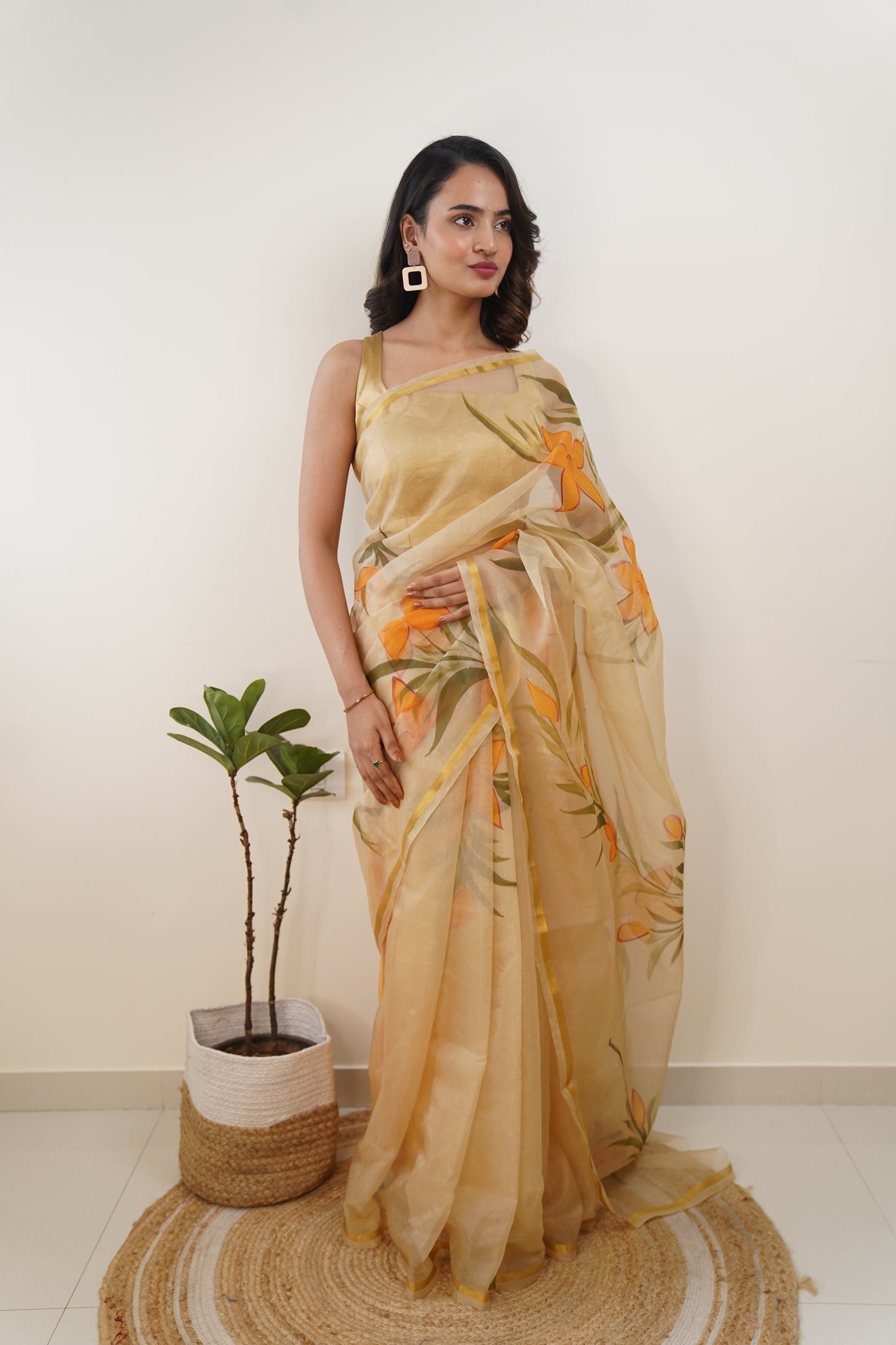 Beige Organza Hand painted Saree