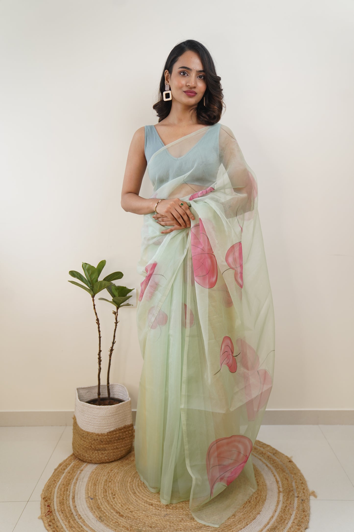 Mint Green Organza Hand painted Saree