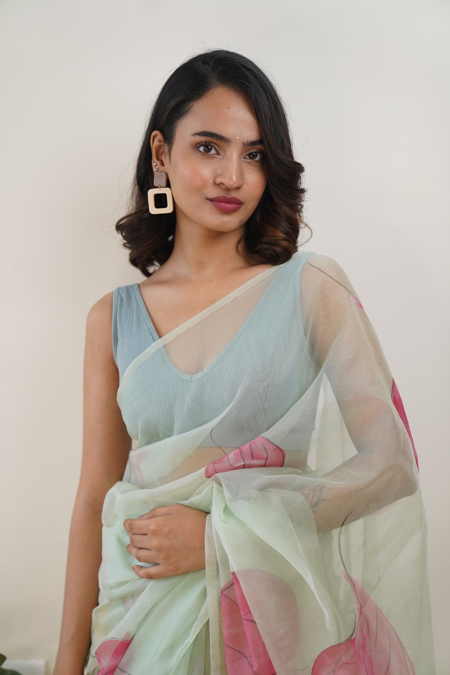 Mint Green Organza Hand painted Saree