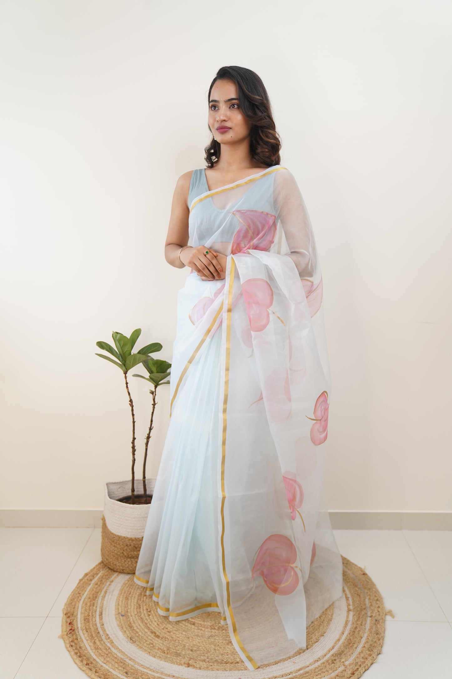 Light Turquoise Organza Hand painted Saree