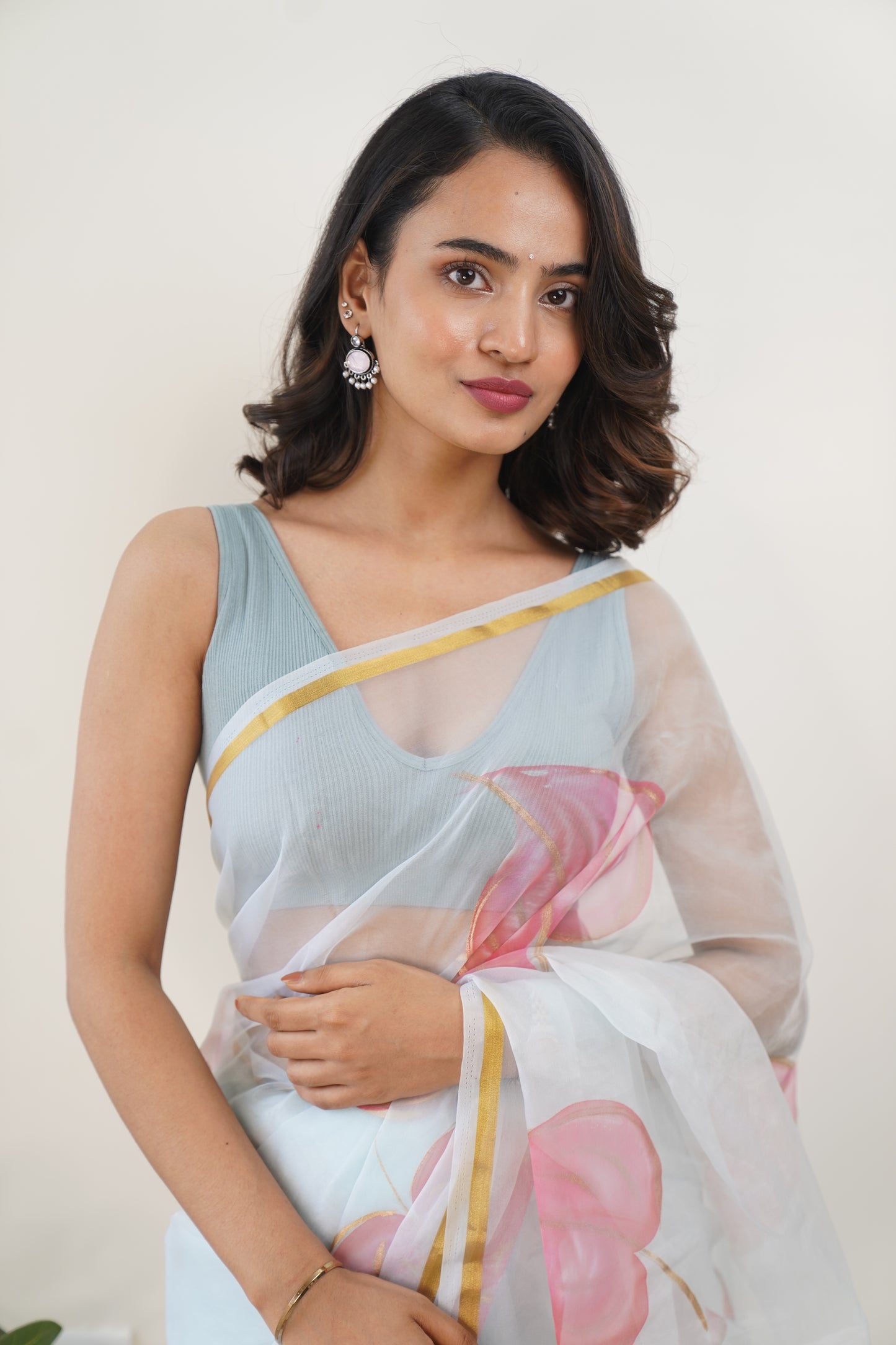 Light Turquoise Organza Hand painted Saree