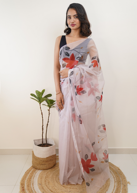 Thistle Colour Organza Hand painted Saree