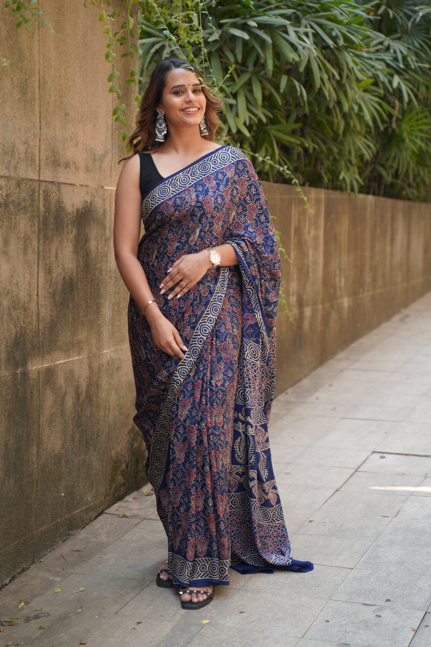 Blue Modal Silk Handblock Print Saree