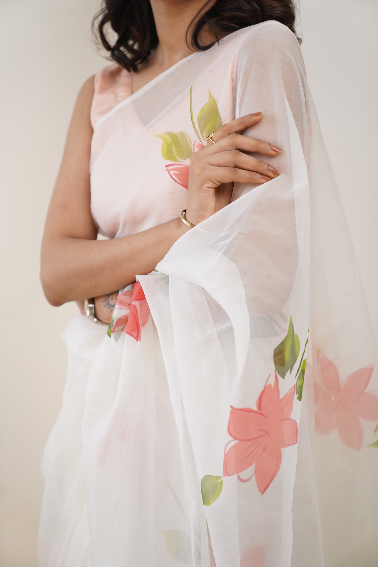 Feather White Organza Hand painted Saree