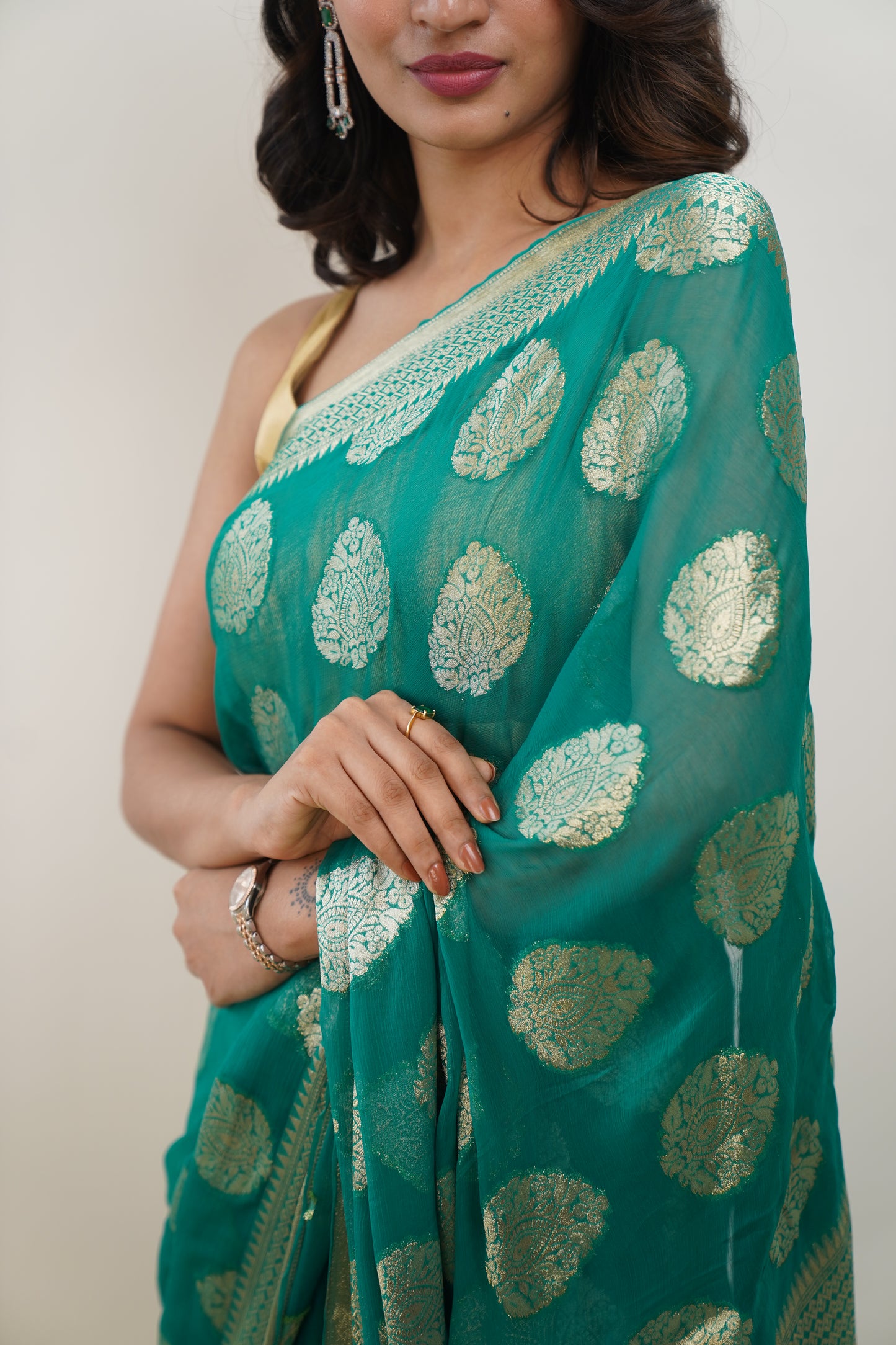 Sacramento Green Pure Chiffon Saree with Zari Buti