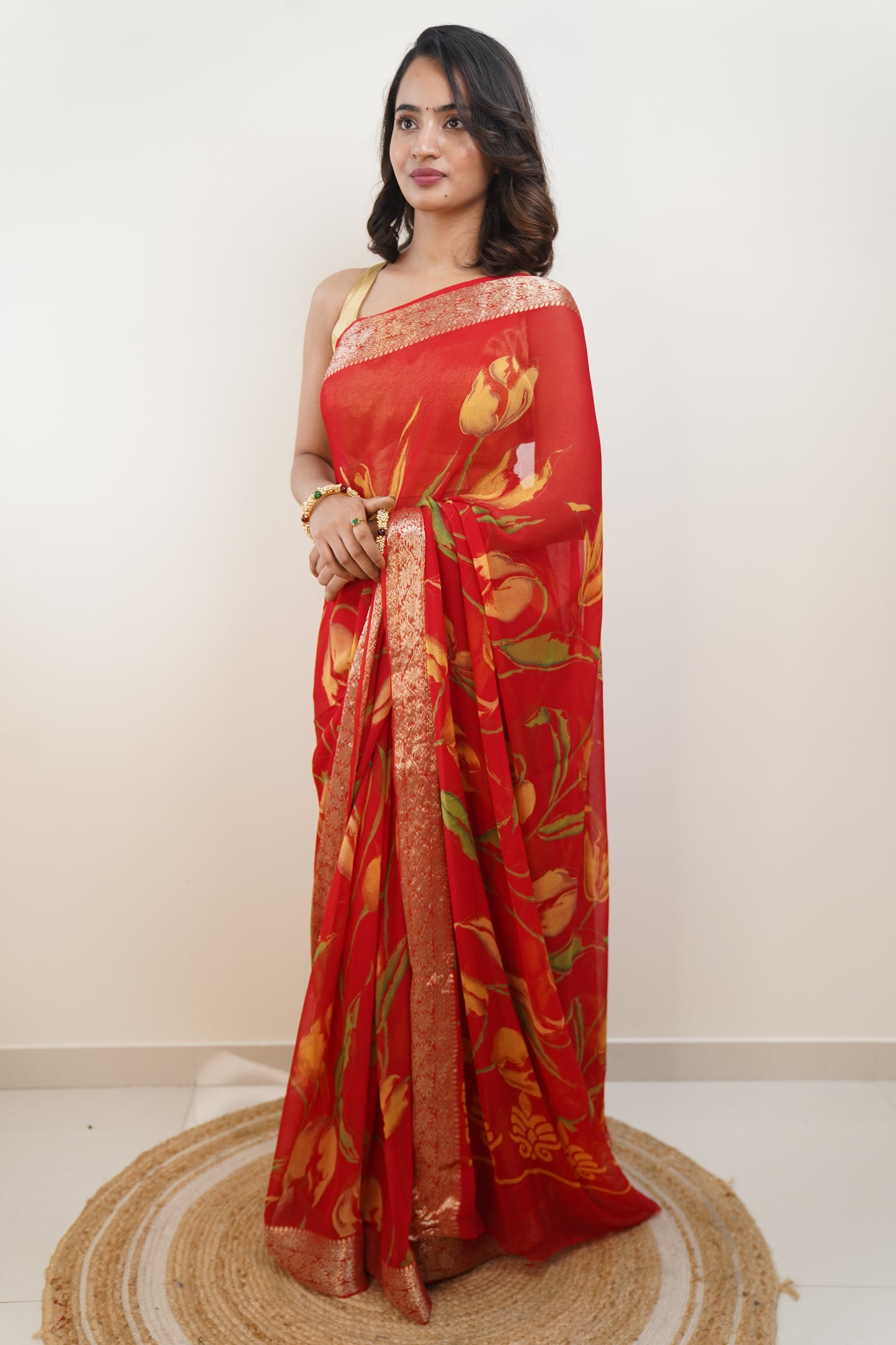 Apple Red Floral Print With Zari Border Pure Chiffon Saree