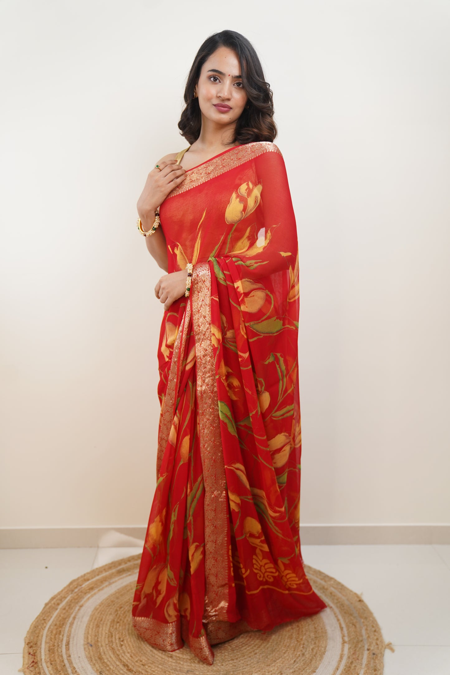 Apple Red Floral Print With Zari Border Pure Chiffon Saree