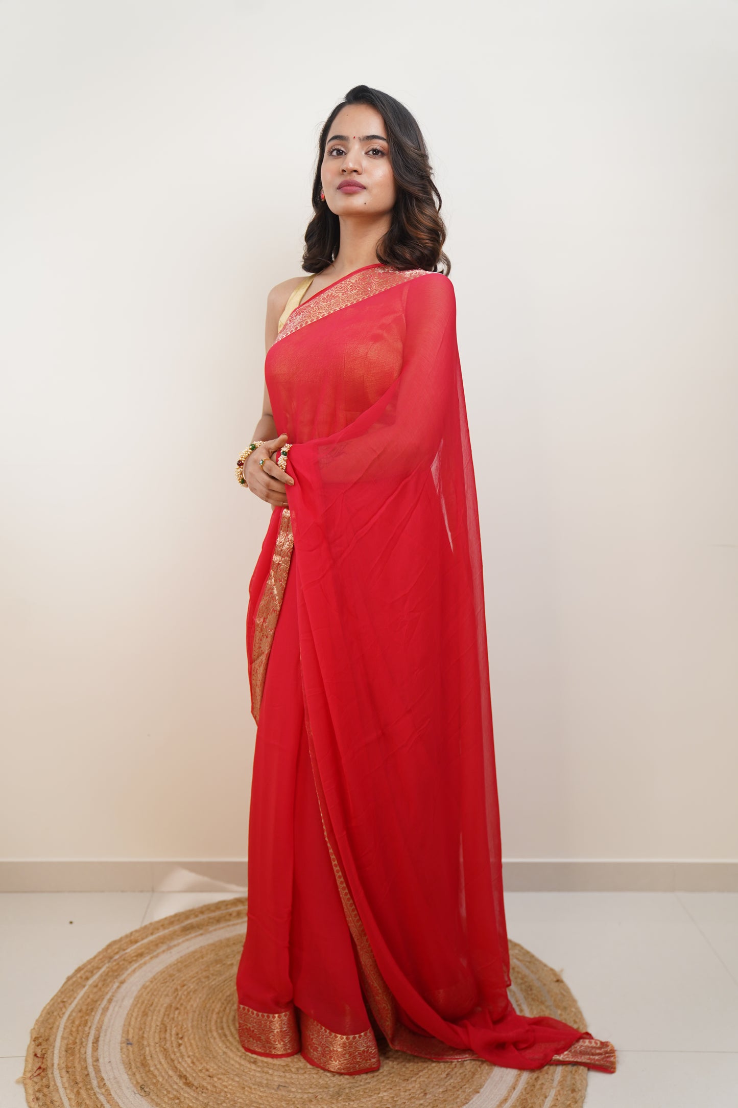 Carmine Red Pure Chiffon With Zari Jacquard Border Saree