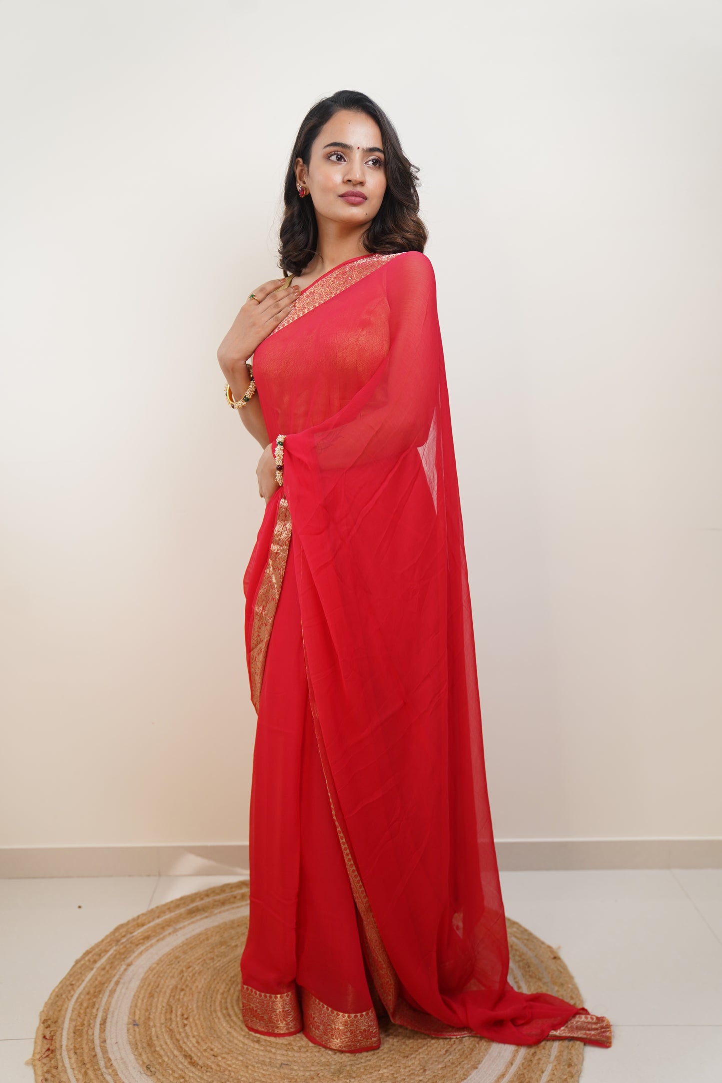 Carmine Red Pure Chiffon With Zari Jacquard Border Saree