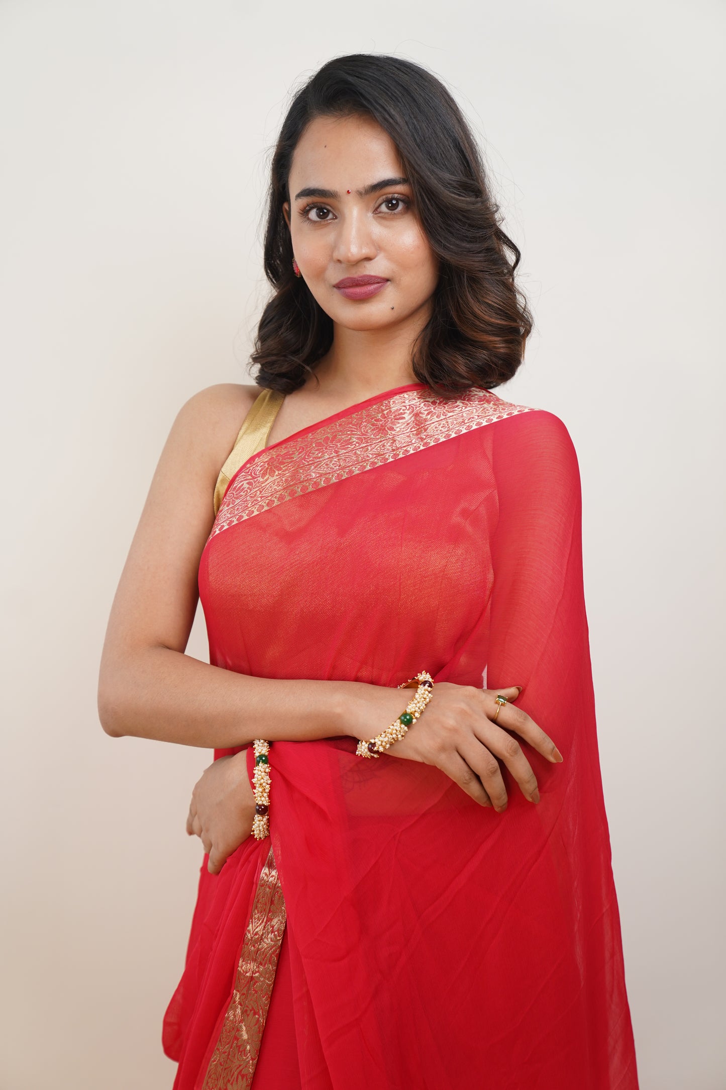 Carmine Red Pure Chiffon With Zari Jacquard Border Saree