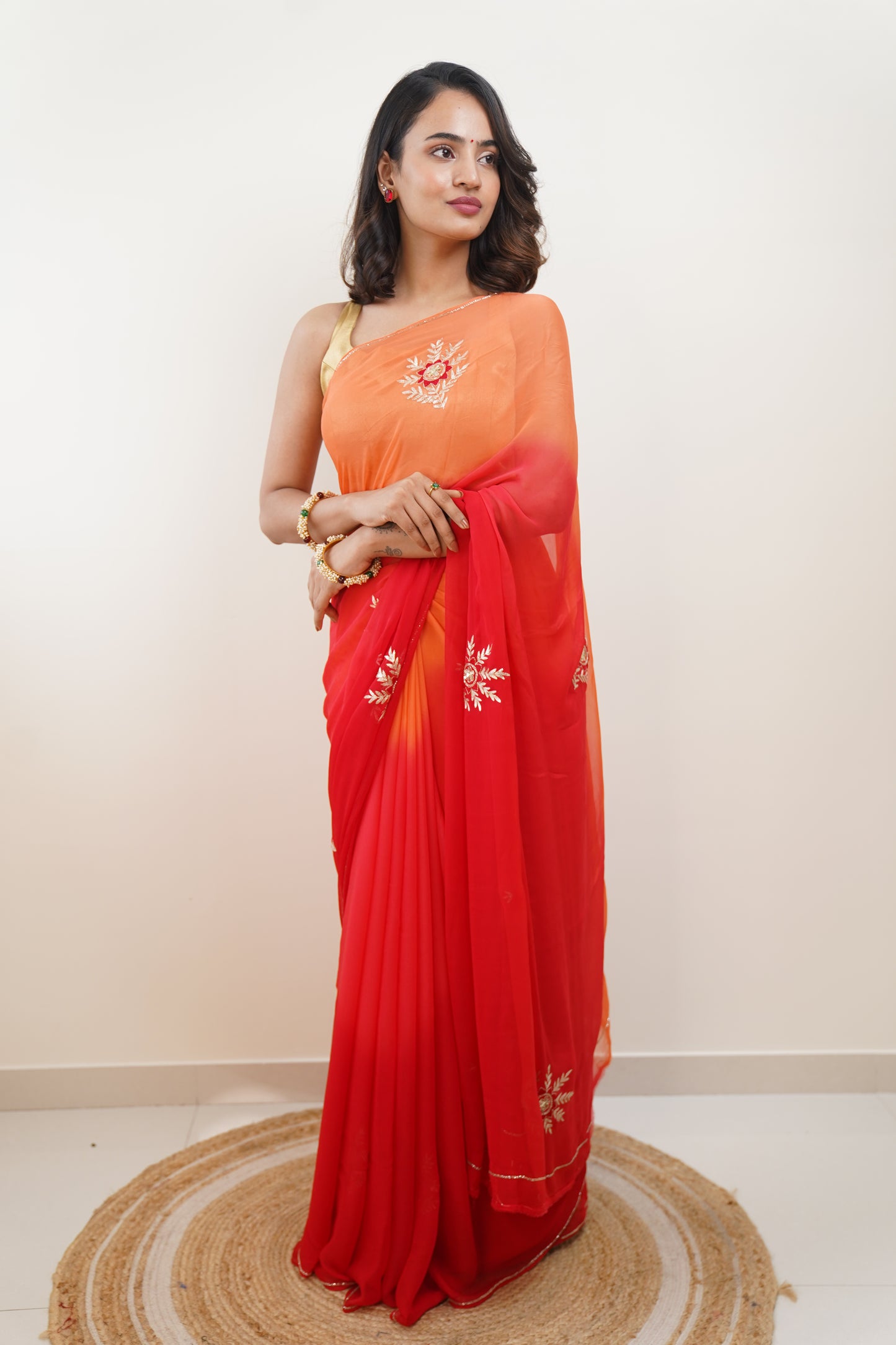 Coral and Scarlet Red Ombre Pure Chiffon Embroidered Saree