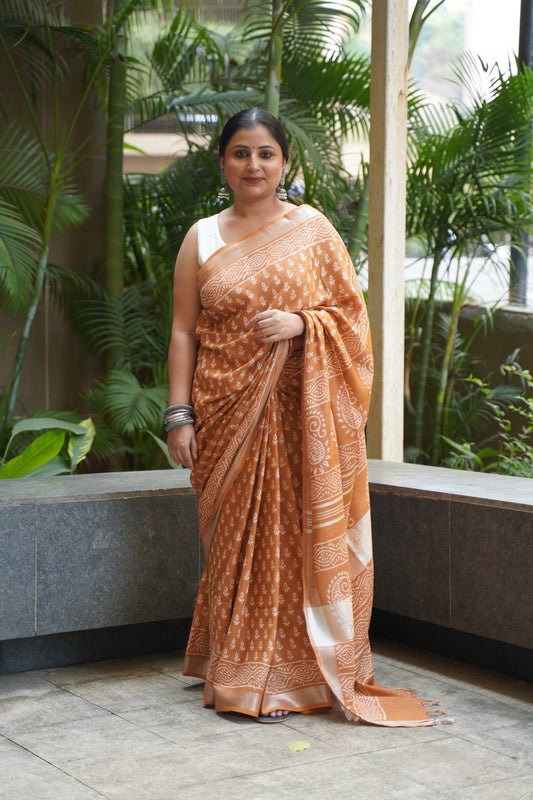 Ochre Art Linen Handblock Print Saree