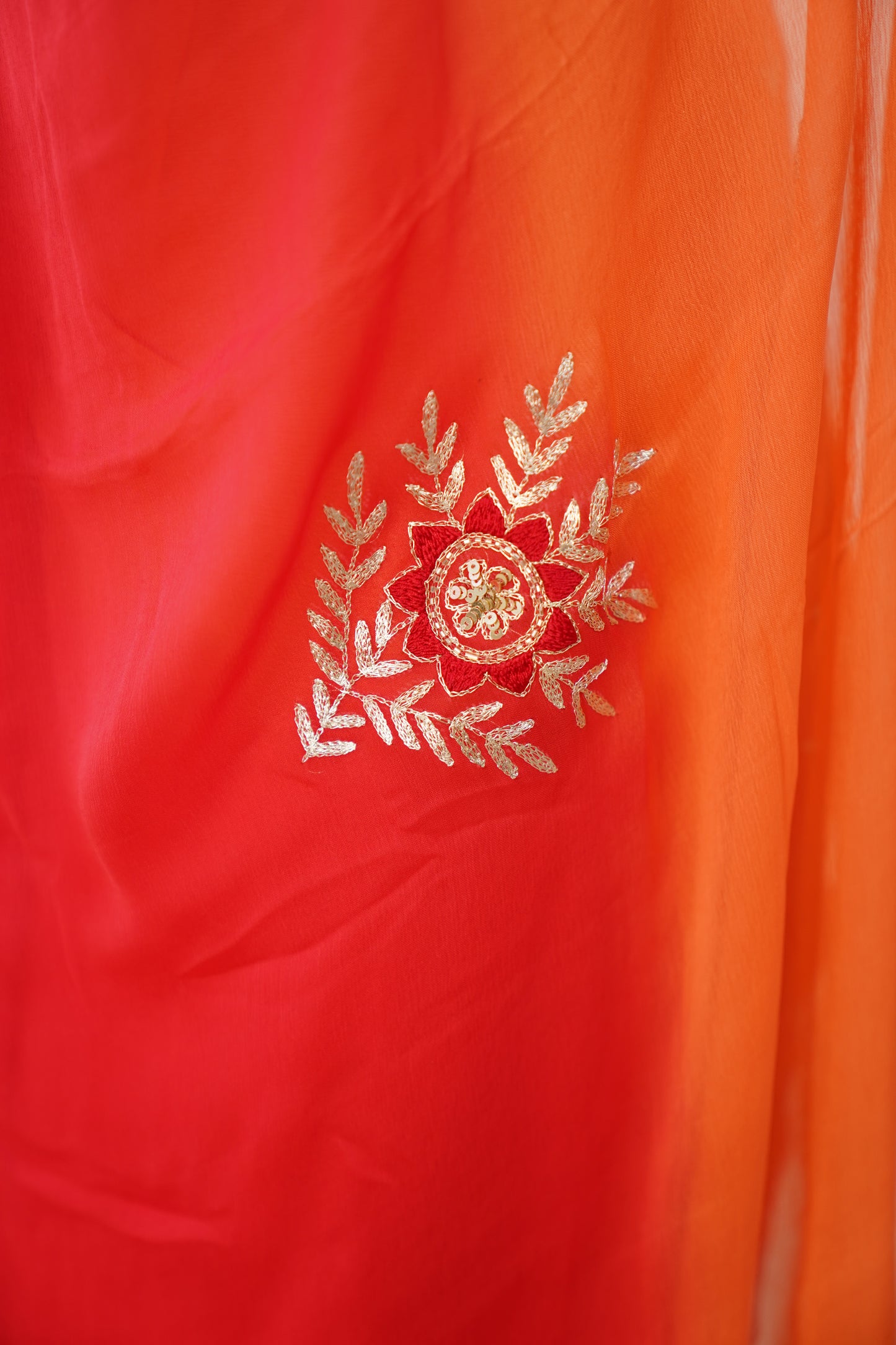 Coral and Scarlet Red Ombre Pure Chiffon Embroidered Saree