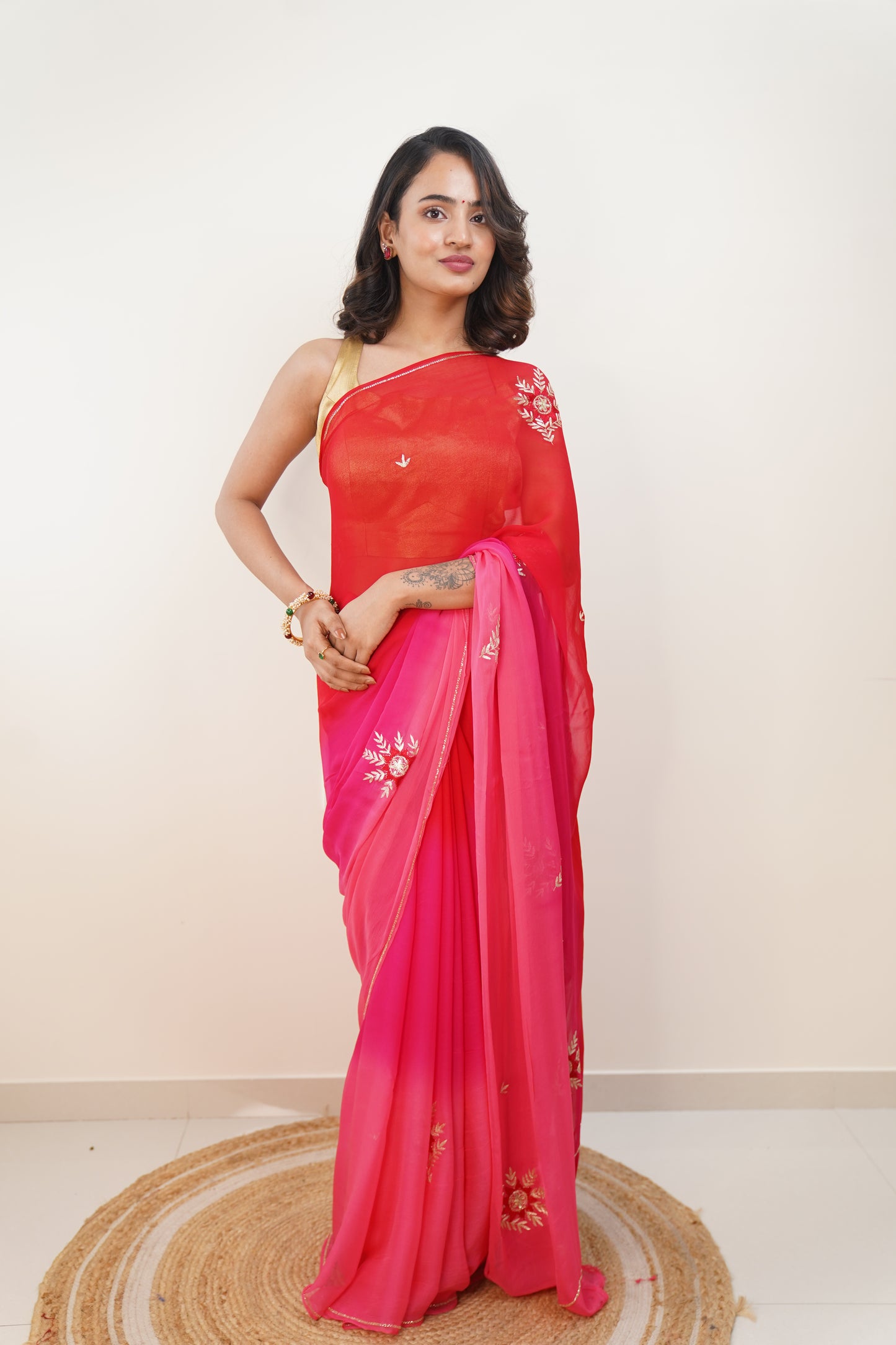 Venetian Red and Hot Pink Ombre Pure Chiffon Embroidered Saree