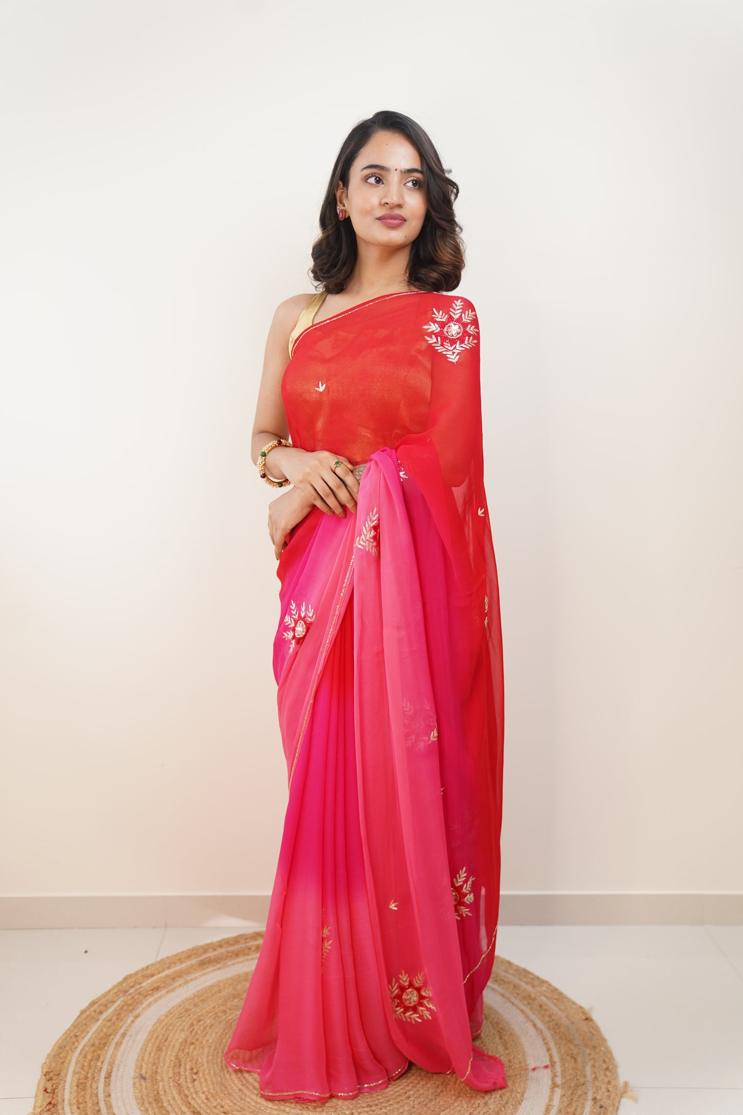 Venetian Red and Hot Pink Ombre Pure Chiffon Embroidered Saree