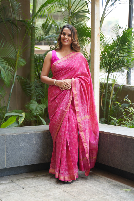 Deep Pink Maheshwari Cotton Silk Saree